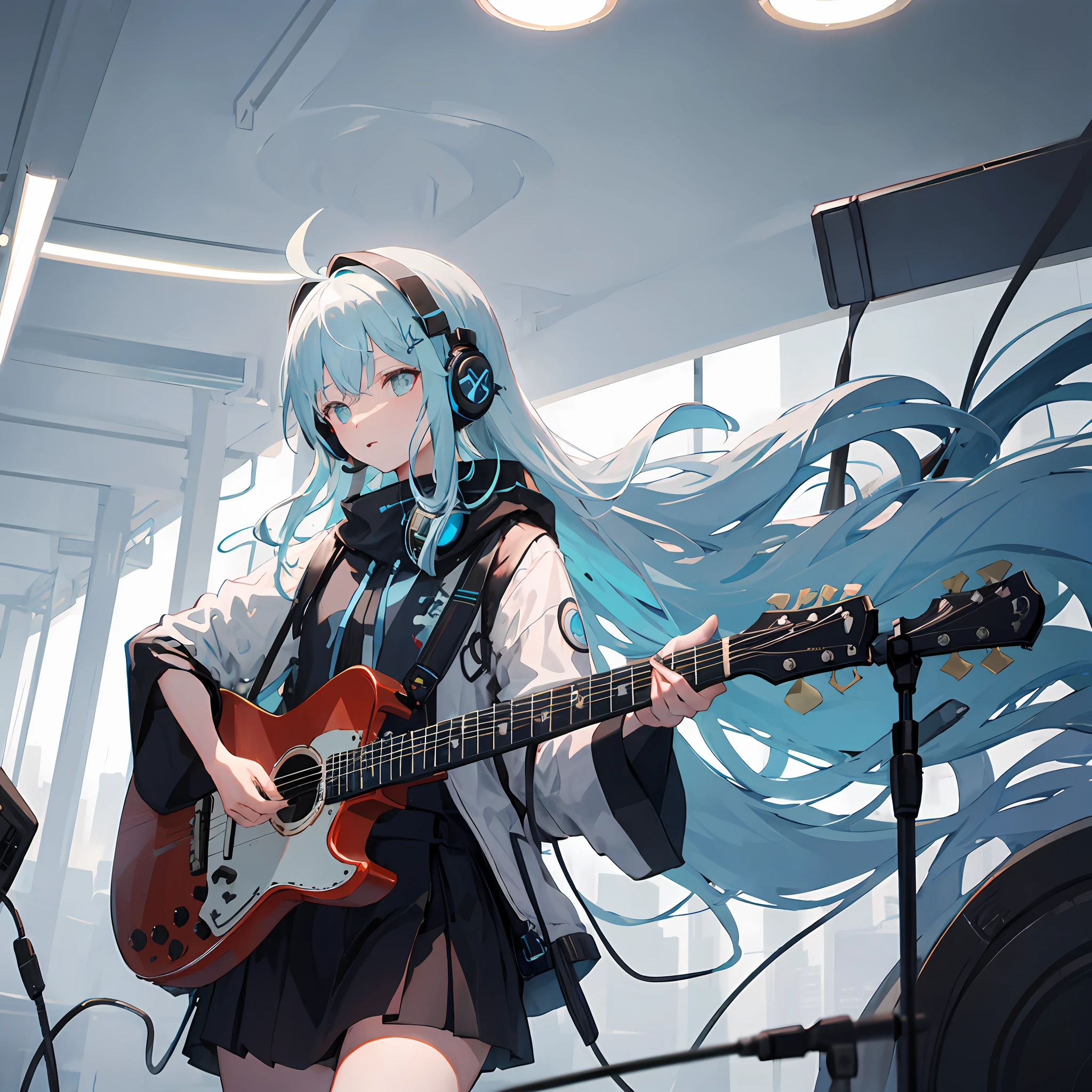 femele,Silvery hair(((Light blue headphones))),Listening to music,Listen intently,The background is the city center,Like Tokyo,firmament,​​clouds,Near future,5 fingers,((Have a guitar))