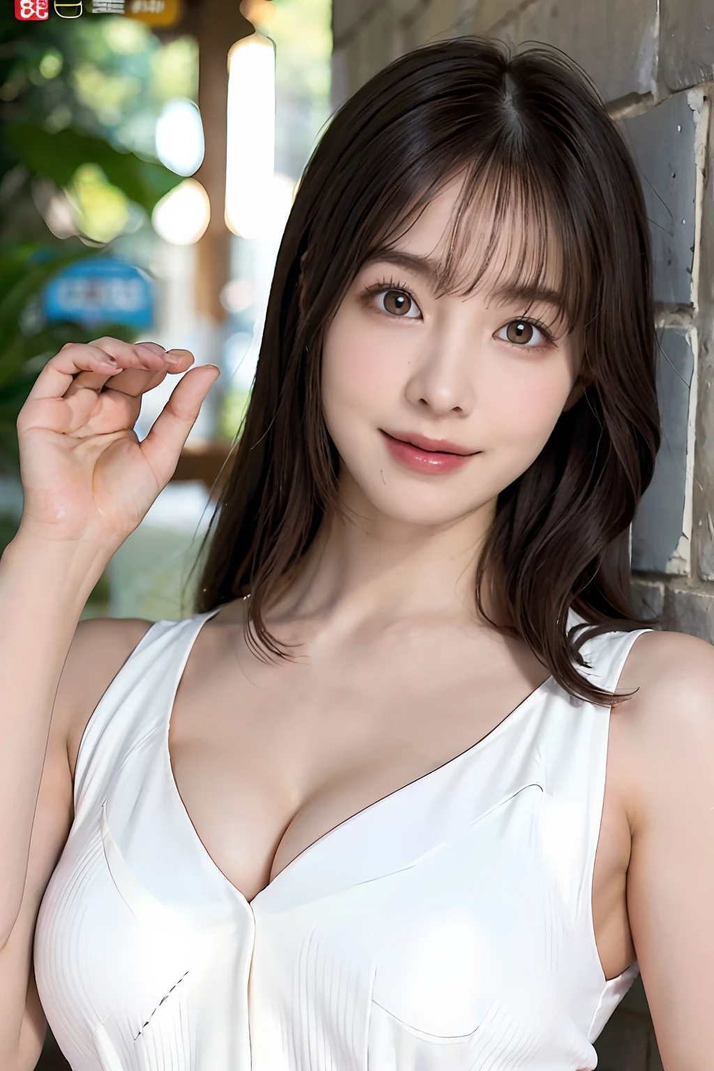 ​masterpiece、top-quality、realisitic、(A hyper-realistic), (illustratio), (hight resolution), (8K), (ighly detailed), (The best illustrations), (beatiful detailed eyes), (top-quality), (ultra-detailliert), (​masterpiece), (wall-paper), (详细的脸), a bed、Upper body close-up,（Armpit）,（ A smile）,Plump,独奏,（（Wearing a silk plunged open shirt:1.5））, full of sweat, japanes, (camel's toe)、huge-breasted、livingroom, well-groomed white teeth、Ultimate Beauty、full of sweat、cleavage of the breast、Navel、Armpit、Beautiful and beautiful female hands、Brown eyebrows、A smile、Seductive look、（No bra）、