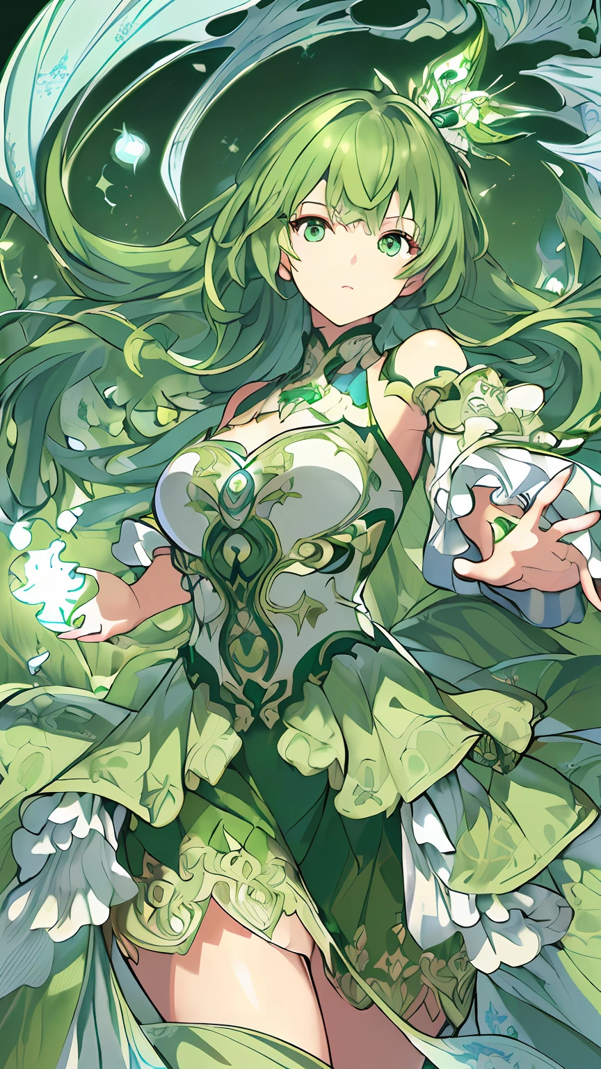 (((Masterpiece))),(((best qualtiy))),((Ultra-detailed)),(illustration),((anextremelydelicateandbeautiful)),dynamic angle,Floating,(beatiful detailed eyes),(detailedlight) (1girll),(adolable) Solo, Floating_Hair,glowing light eyes,Green hair,green-eyed, double tails, halterdress, atdan, Green background,