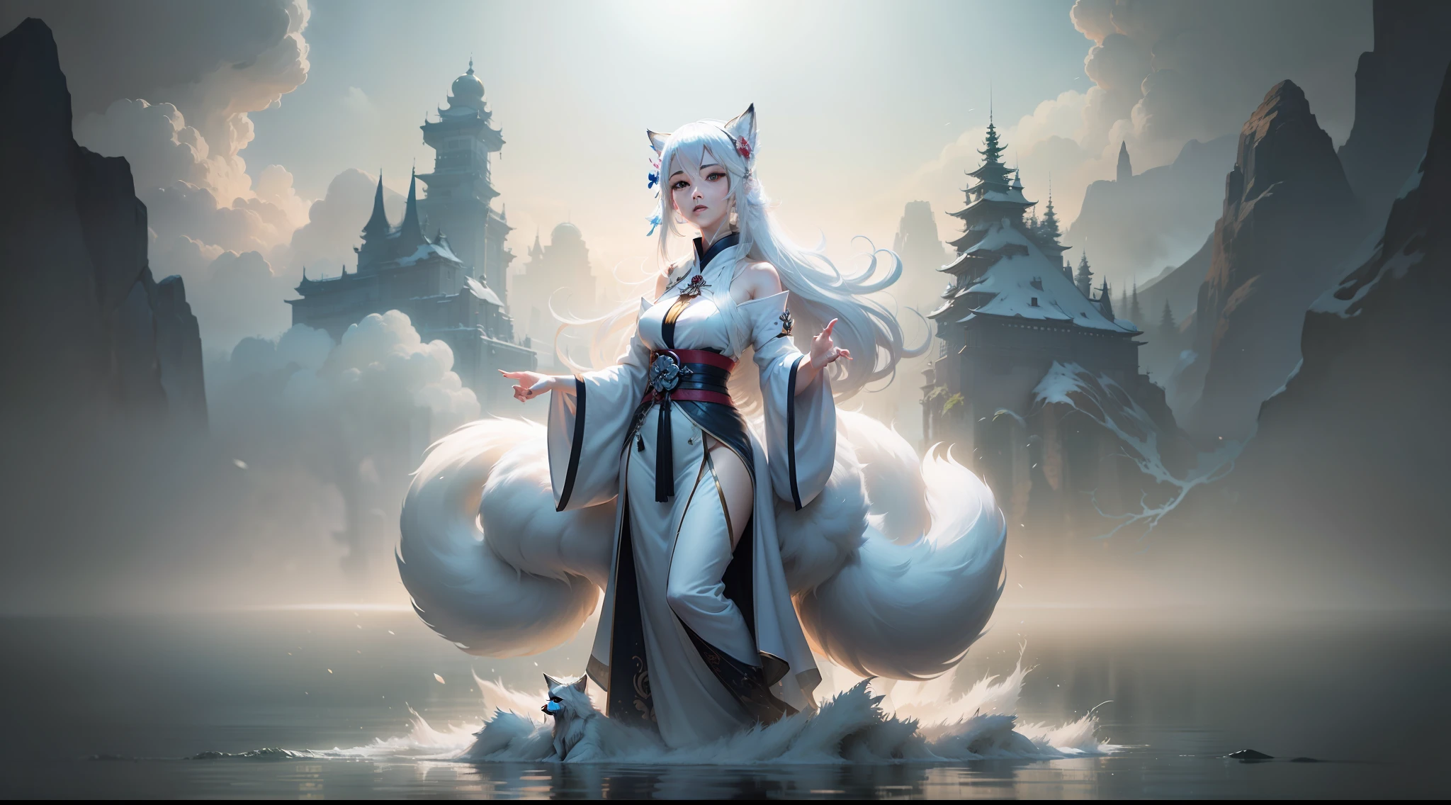 Anime girl standing in water with white hair and white dress, Onmyoji detailed art, Artgerm and Atey Ghailan, onmyoji, Kitsune, a beautiful kitsune woman, fox nobushi, White-haired fox, wlop and ross thran, Kushatt Krenz Key Art Women, furry fantasy art, a beautiful fox lady