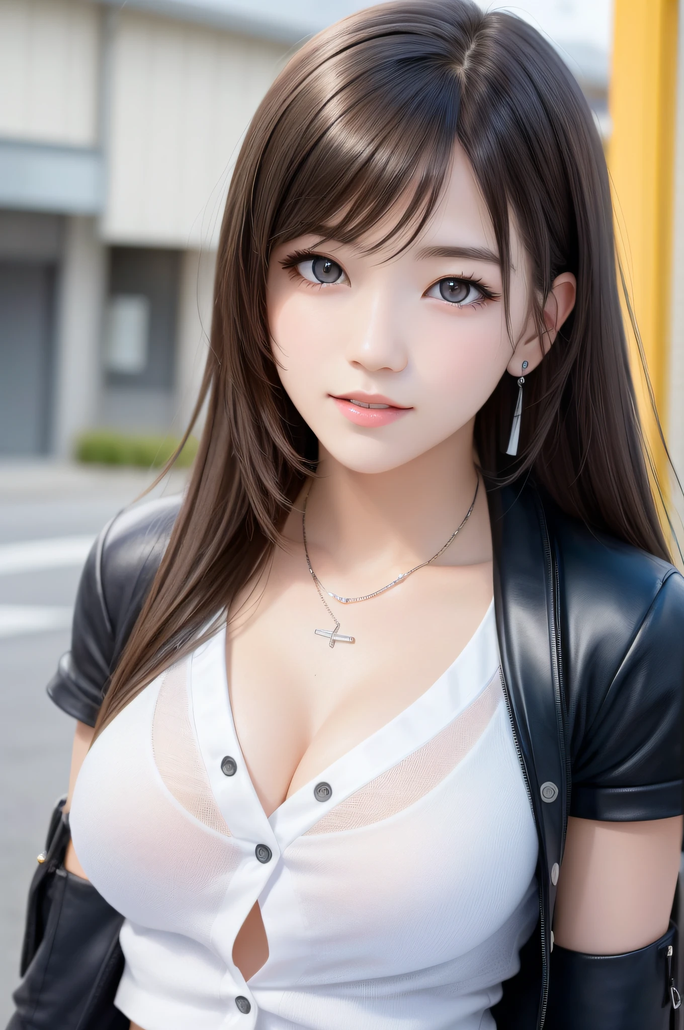 (Top Quality, Masterpiece: 1.1), (Real: 1.4), BREAK (((FF7))) (((Tifa))),(1Girl:1.2),Ultra-detailed face, Detailed eyes,((Light Brown Hair, Large breasts: 1.2)), BREAK (((FF7))) (((Tifa))),((tokyo,street,summer),(sweat:1.2,perspired:1.2),(girl wearing japanese high-school uniform:1.4,plaid pleated skirt, blue button-down shirt:1.2,long sleeve), BREAK (shiny oiled skin: 1.4), about 18 years old,model pose,happy,smile