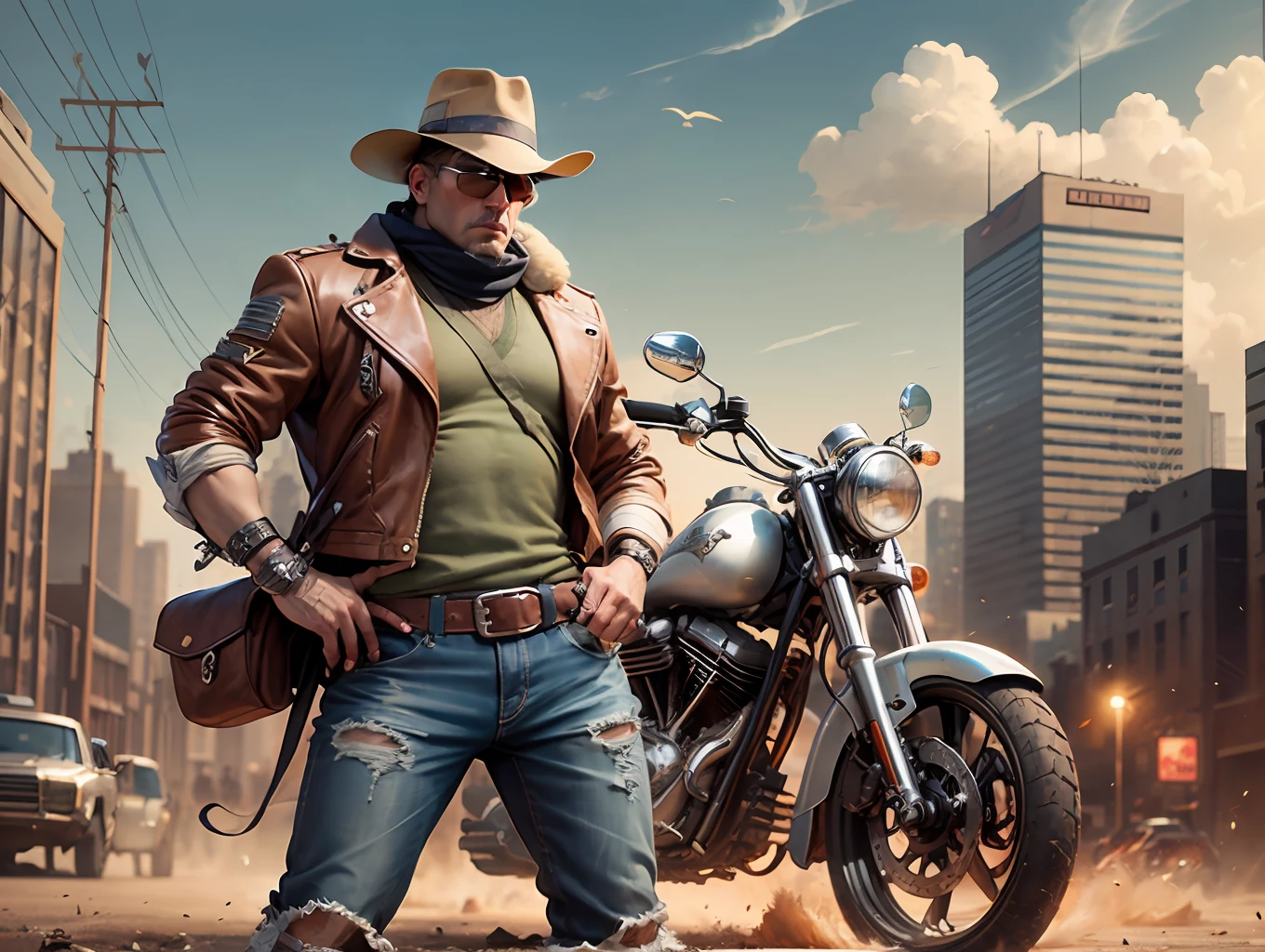 knight wearing a hat and wearing jeans and a brown leather jacket, inspired by the movie Mad Max style, with a rifle in his hands, a chaotic city behind him, his harley Davidson at his side --auto --s2