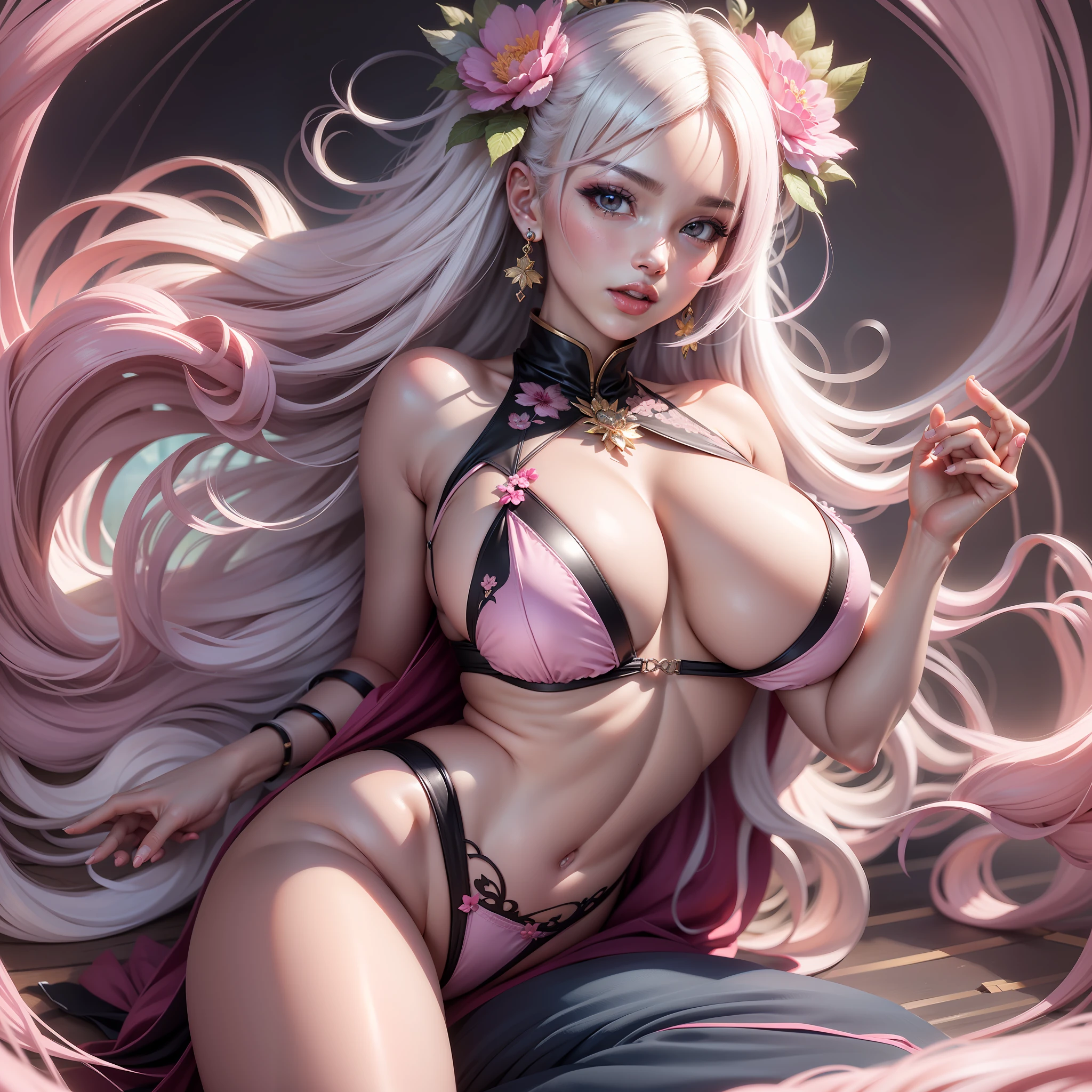 Best quality,Amazing,Masterpiece,Delicate,超高分辨率,Ultra detailed,intricately details,Beautiful detailed,8K resolution,(Extremely detailed Cg Unity 8K wallpaper),Sharp focus,((No text)),breast conscious,gigantic cleavage breasts,Areola Slip,Covered,Bursting breasts,Lively breasts,framed breasts,High transparent gauze light pink mini bikini,High transparent gauze light pink mini bikini,High transparent gauze light pink mini bikini,Tongue stock,Makeup,cheerfulness,Reflectors,ahegao,Pink eyes,Heart earrings,1,Solo,Female pervert,view the viewer,hair flower,Long hair,multicolored hair,Shiny hair,Barefoot,Bottomless,Thick thighs,Bare legs,Thighs open, Thighs open