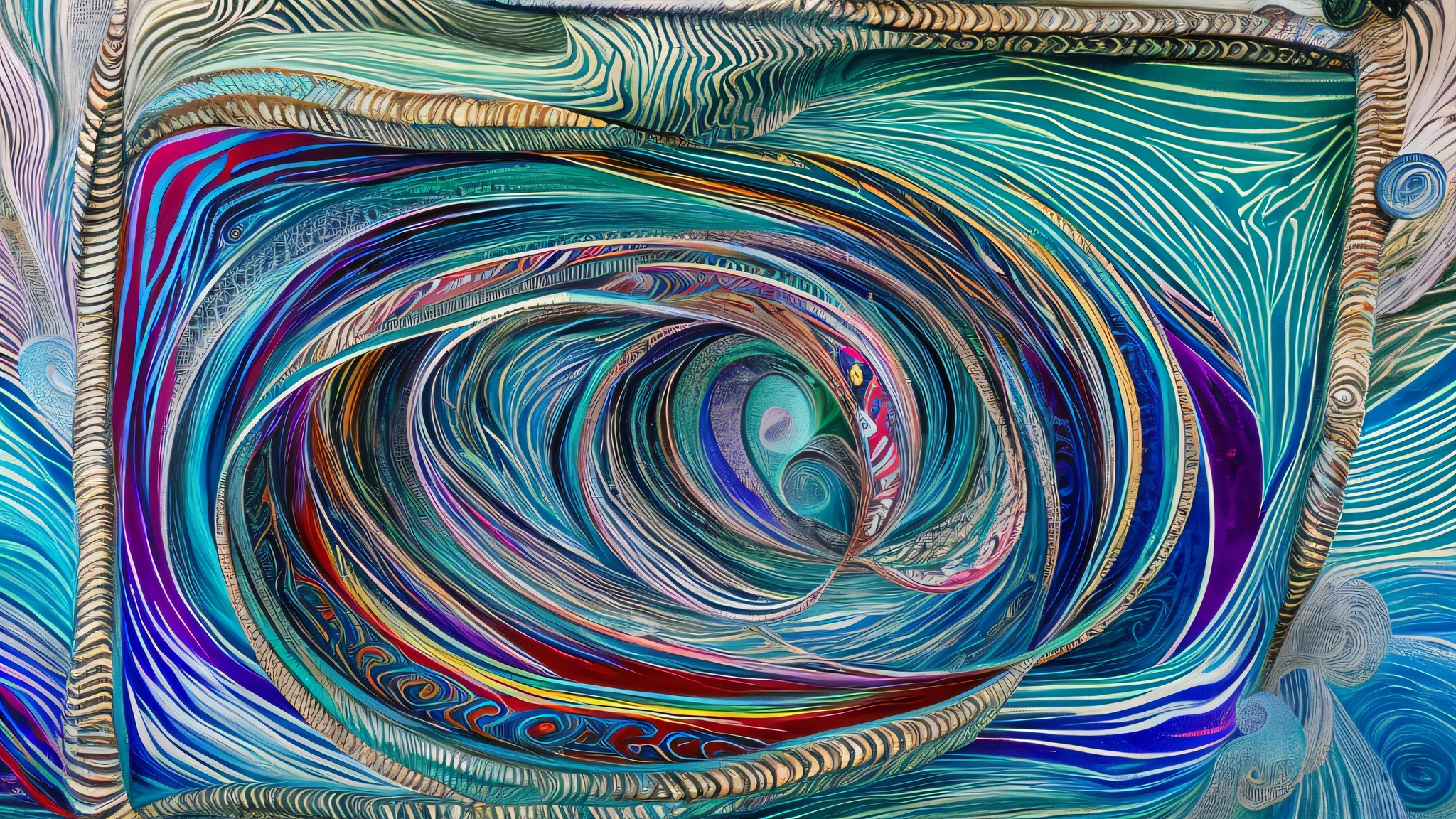 The swirls of waves in the sea，There is a submarine in the center, Swirls and phyllodes, Spiral lines, fine swirling lines, curvilinear pencil marks, scratchy lines, swirles, lots of swirling, swirly ripples, Electric vortex, Chalk painting, an abstract drawing, Infinite hieroglyphic waves, swirling scene