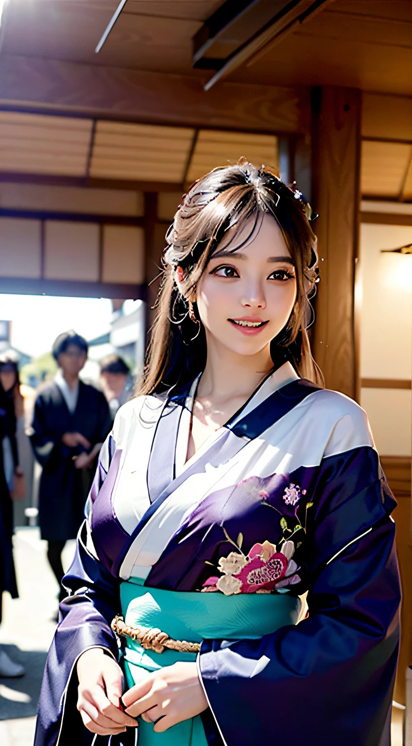 best qualtiy、​masterpiece、photoRealstic、intricate-detail、Raw foto、Photon Rendering、Octane Rendering、absurderes、ultra-detailliert、A detailed face、Detailed skin、Trending in art stations、8K Masterpiece、lighting like a movie、( (1girl in))、((独奏) ))、CG Social Trends、Plastic En、((Black Long Hair))、((Beautuful Women))、(A smile)、Upper teeth、Fashionable、Hair that flutters in the wind、((Flowing hair))、fashion magazine、((A sexy))、((lighting like a movie)、((indirect lighting)、、(ssex)、Grinning、(View from a distance)、((Festival of Japan))、Dark purple kimono、