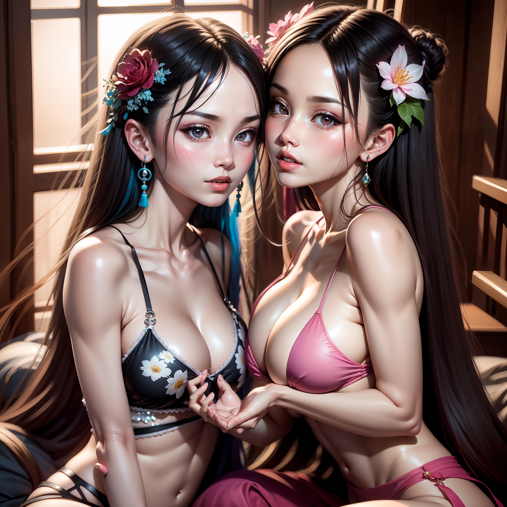 Best quality,Amazing,Masterpiece,Delicate,超高分辨率,Ultra detailed,intricately details,Beautiful detailed,8K resolution,(Extremely detailed Cg Unity 8K wallpaper),Sharp focus,((No text)),breast conscious,Huge bare breasts,Areola bareness,Bare breasts explode,Lively bare breasts,Bare breasts,Highly transparent complexion mini bikini，HD skin tone micro bikini and HD skin tone micro bikini，Tongue stock,Makeup,cheerfulness,Reflectors,ahegao,Pink eyes,Heart earrings,2girls,Female pervert,view the viewer,hair flower,Long hair,multicolored hair,Shiny hair,Barefoot,Bottomless,Thick thighs,Bare legs,Look at each other from the front、((Feminine kiss))、(((French kiss for women)))、Women hugging each other，As if pushing each other、Staring at each other、Moist eyes、half-open lips、Beautiful、Red blush(0.2)、Functional、seductiv、Trance、instigate、Beauty、bustup、Shunguang、、Shoot diagonally down from the front、precise drawing、Detailed drawing、Precise anatomy、