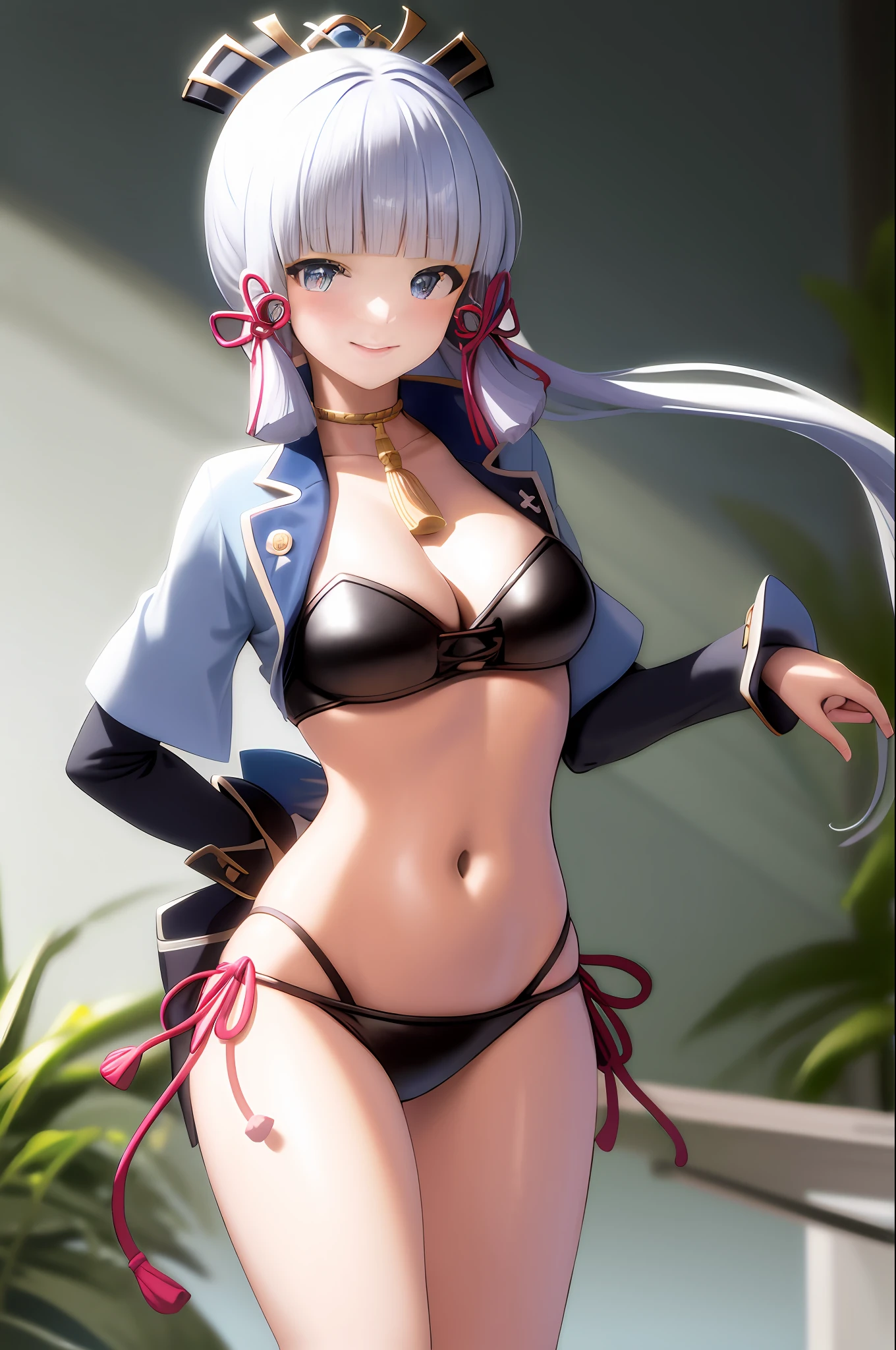tmasterpiece,A high resolution,best qualtiy,1girl solo,Kamisato_Ayaka,ssmile,Bikini in transparent fabric,Sexual seduction posture