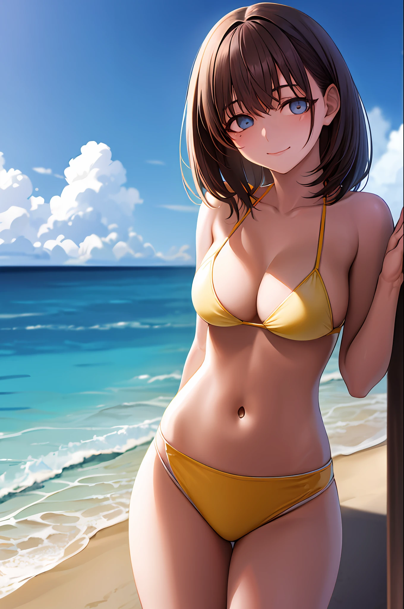 ((masutepiece)), ((Best Quality)), (Ultra-detailed), ((Extremely detailed)), 4K, (8K), Best Quality, (((Cowboy Shot))), (Beautiful), ((smil)), girl, Solo, (((Beautiful eyes:1.5))), blush, Best Quality, High resolution, 1girl in, Middle hair, (((Large breasts))), Bangs, Purple eyes, Brown hair, (((Yellow Bikini))), ((Beautiful sea)), On the beach,