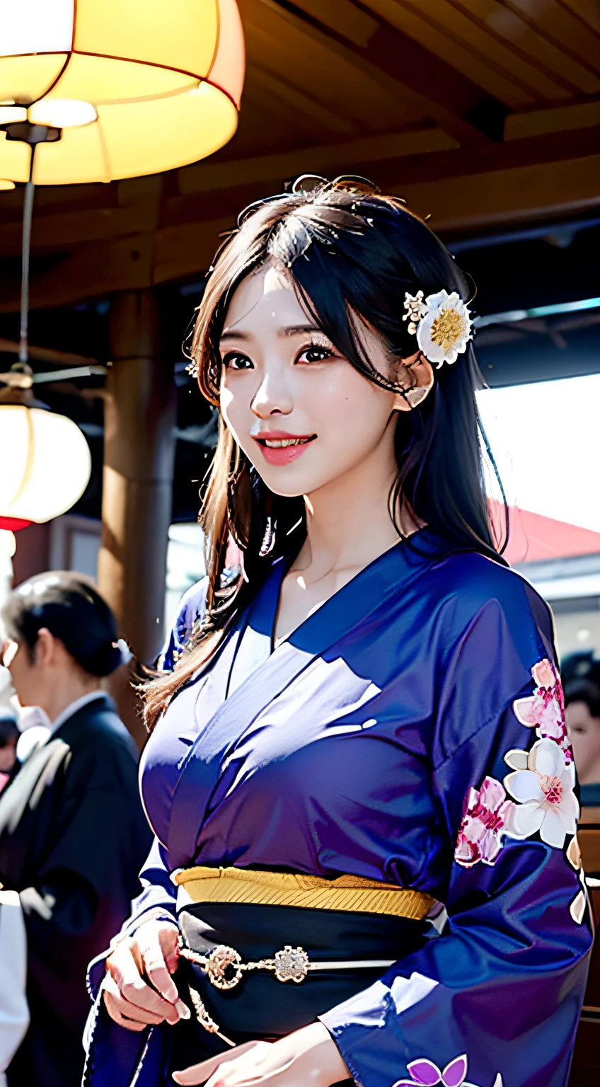 best qualtiy、masterpiece、photoRealstic、intricate-detail、Raw foto、Photon Rendering、Octane Rendering、absurderes、ultra-detailliert、A detailed face、Detailed skin、Trending in art stations、8K Masterpiece、lighting like a movie、( (1girl in))、((独奏) ))、CG Social Trends、Plastic En、((Black Long Hair))、((Beautuful Women))、(A smile)、Upper teeth、Fashionable、Hair that flutters in the wind、((Flowing hair))、fashion magazine、((A sexy))、((lighting like a movie)、((indirect lighting)、、(ssex)、Grinning、(View from a distance)、((Festival of Japan))、Dark purple kimono、