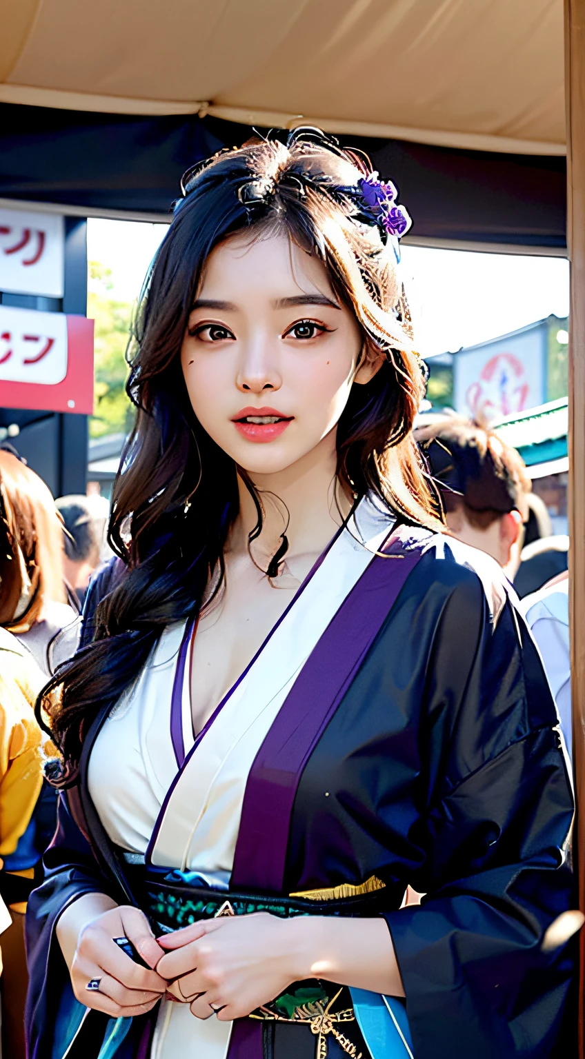 best qualtiy、masterpiece、photoRealstic、intricate-detail、Raw foto、Photon Rendering、Octane Rendering、absurderes、ultra-detailliert、A detailed face、Detailed skin、Trending in art stations、8K Masterpiece、lighting like a movie、( (1girl in))、((独奏) ))、CG Social Trends、Plastic En、((Black Long Hair))、((Beautuful Women))、(A smile)、Upper teeth、Fashionable、Hair that flutters in the wind、((Flowing hair))、fashion magazine、((A sexy))、((lighting like a movie)、((indirect lighting)、、(ssex)、Grinning、(View from a distance)、((Festival of Japan))、Dark purple kimono、