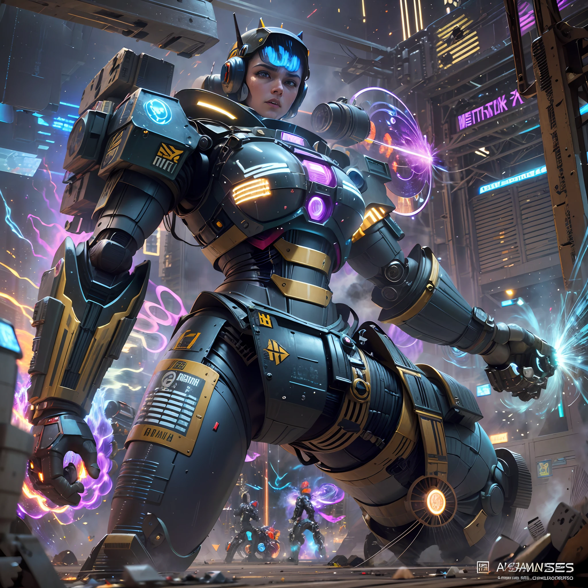 An epic scene of a futuristic battlefield dominated by a powerful sci-fi mecha robot, campo de batalha futurista, science fiction mecha robot, tamanho imponente, formidable power, forza, Metallic armor, Explosions, feixes de energia, advanced weapons, precision, letalidade, plasma cannons, missile launchers, Pulsating energy blade, Agilidade, propulsores, wreckage, cockpit de vidro, piloto habilidoso, Advanced Cockpit, holographic screens, Control Panels, Strategic decisions, Raios de energia, determination, victory, Combat scenario, impactful presence, Medo, hoop, qualidade: highes definition, estilo: cinemactic, futurista, cor: metalic, Azul intenso, artista: Alexander Kucharsky, humor: epic, Intenso, vl1: (Campo de batalha futurista, science fiction mecca robot, tamanho imponente, Formidable power, Metallic armor) vl2: ((Plasma cannons, Missile launchers, Pulsating energy blade), (Agilidade, Propulsores, wreckage), (Cockpit de vidro, Piloto habilidoso, holographic screens), (Raios de energia, Olhos azuis intensos, determination), (Medo, hoop))