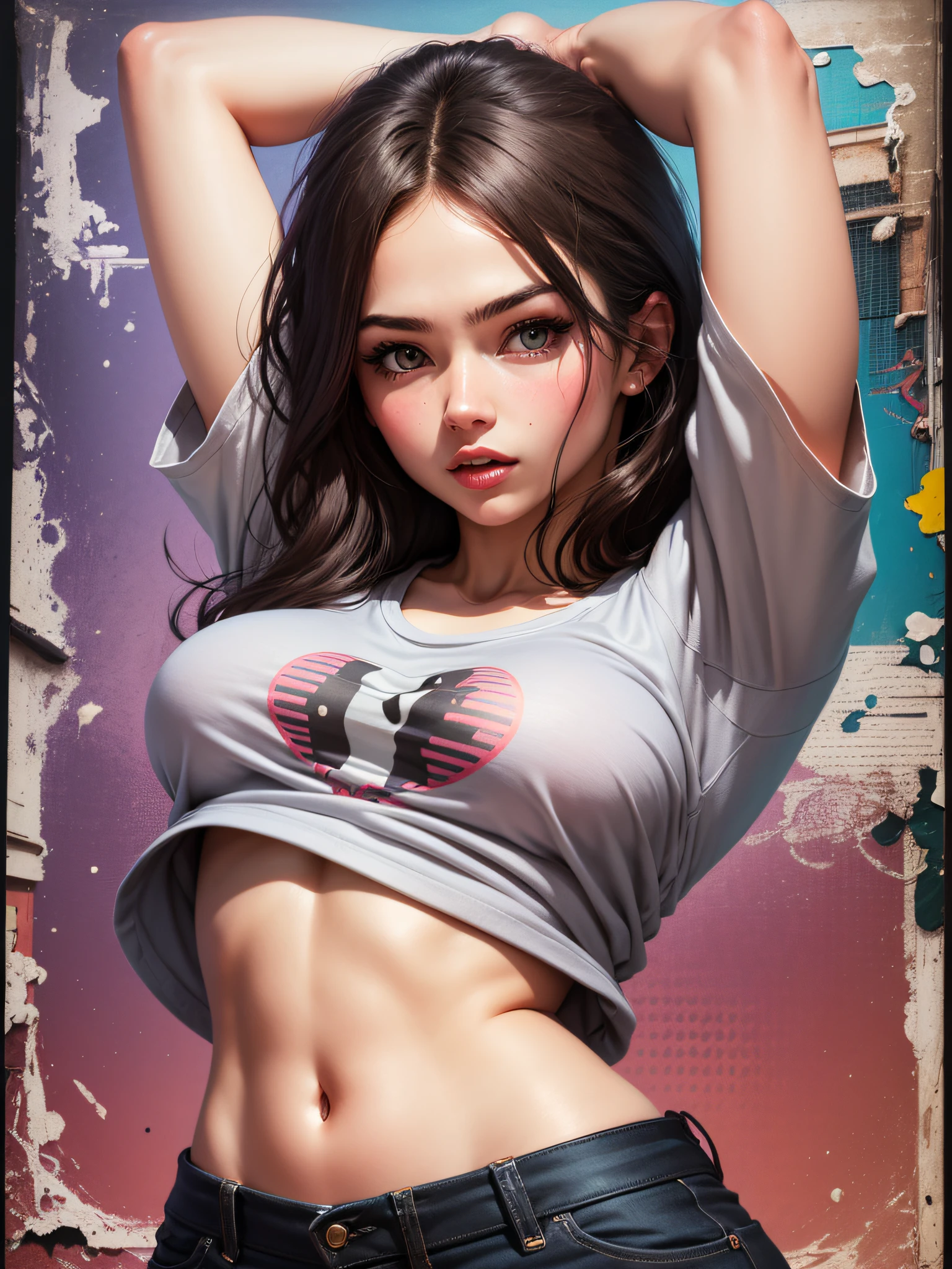 infp young woman, Beautiful breasts, Front opening shirt, TOKYOcty, pop-art,