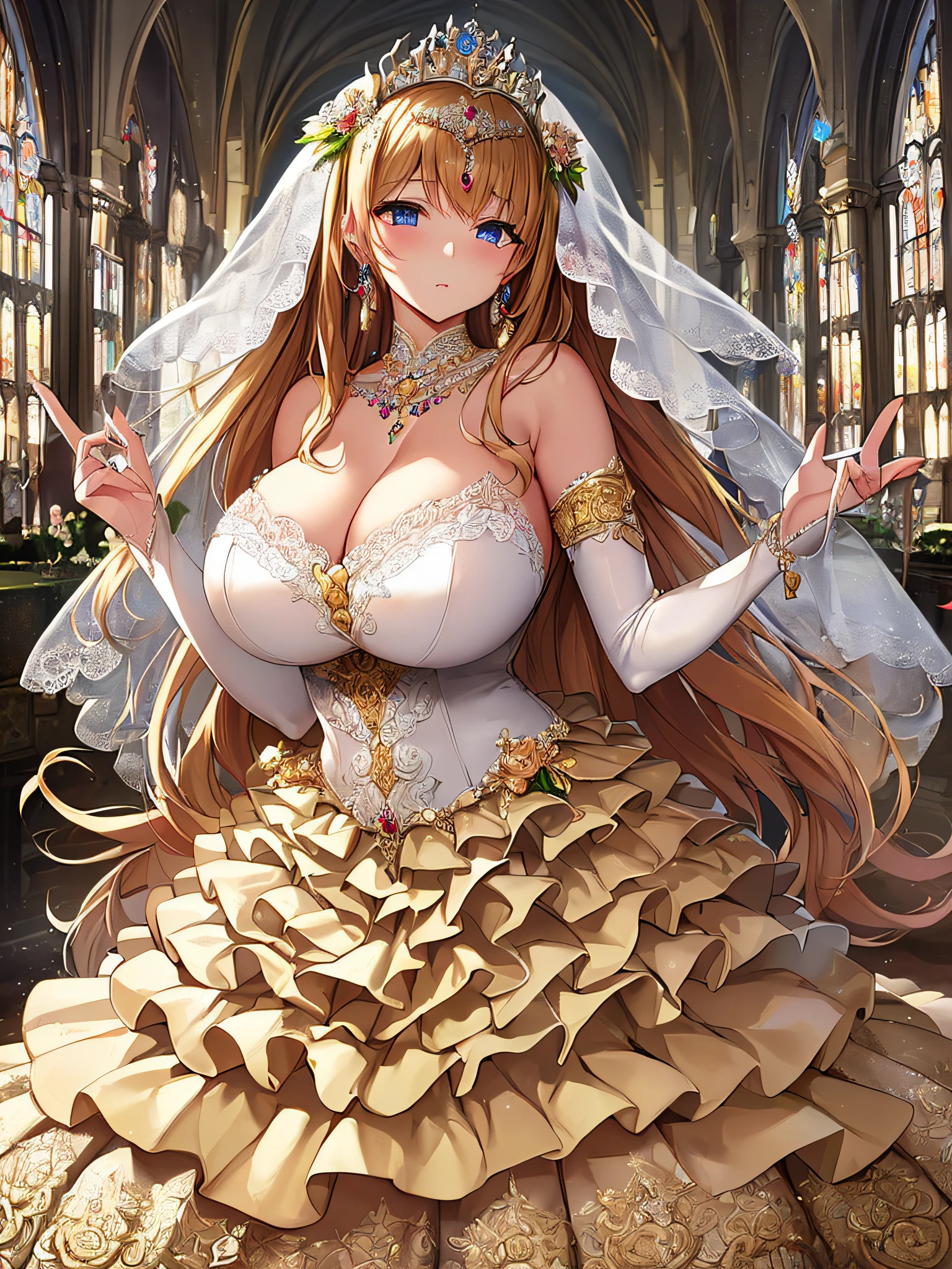 ((anime artstyle)),(Masterpiece),(Best Quality), (Super Detail),((Very Delicate and Beautiful)),Focus on character,Dynamic Angle,Looking at viewer,((Solo)),standing,((full body)),((one princess in gorgeousfull wedding dress with voluminous skirt)),((June bride)),detailed face and eyes,jewel-like eyes,((Very Long voluminous Hair)),gorgeous embroidery and lace,((gorgeous corsage)),See-through,(Gorgeous jewelry ornaments),luxury hair ornament,luxury tiara with jewels,ornate ruffles,((gigantic breasts,Long breasts)),indoor,church wedding,((full body)),hoop skirt,crinoline,very long gorgeousfull wedding veil,(((jeweled gorgeous embroidery wedding dress)))