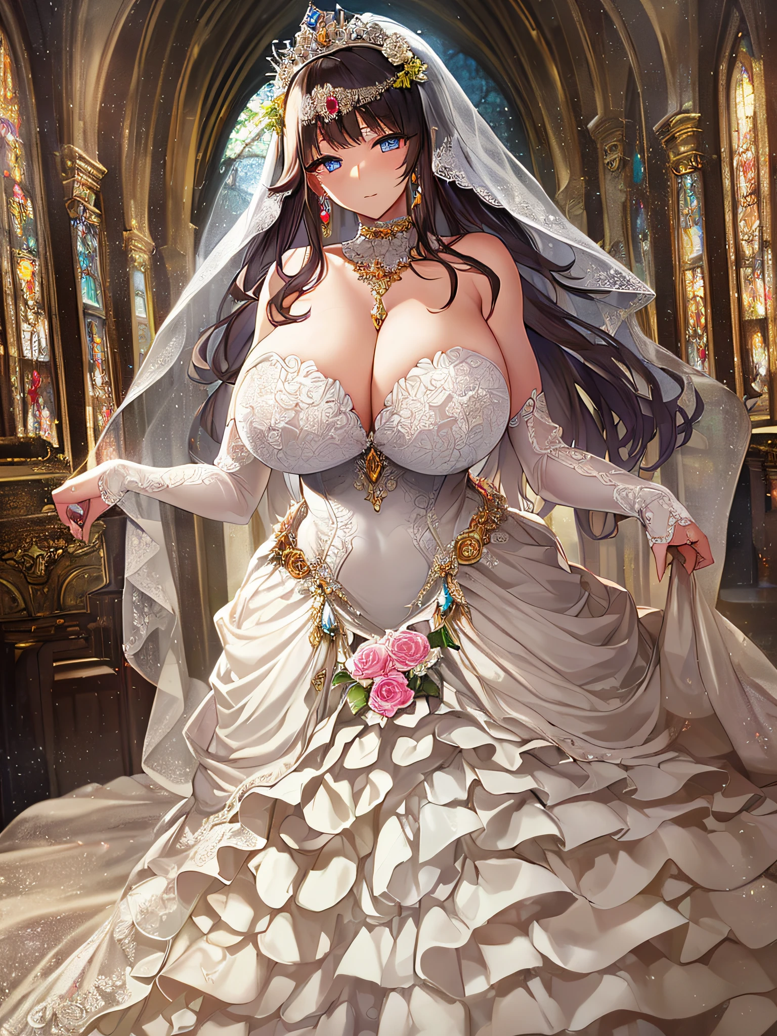 ((anime artstyle)),(Masterpiece),(Best Quality), (Super Detail),((Very Delicate and Beautiful)),Focus on character,Dynamic Angle,Looking at viewer,((Solo)),standing,((full body)),((one princess in gorgeousfull wedding dress with voluminous skirt)),((June bride)),detailed face and eyes,jewel-like eyes,((Very Long voluminous Hair)),gorgeous embroidery and lace,((gorgeous corsage)),See-through,(Gorgeous jewelry ornaments),luxury hair ornament,luxury tiara with jewels,ornate ruffles,((gigantic breasts,Long breasts)),indoor,church wedding,((full body)),hoop skirt,crinoline,very long gorgeousfull wedding veil,(((jeweled gorgeous embroidery wedding dress)))