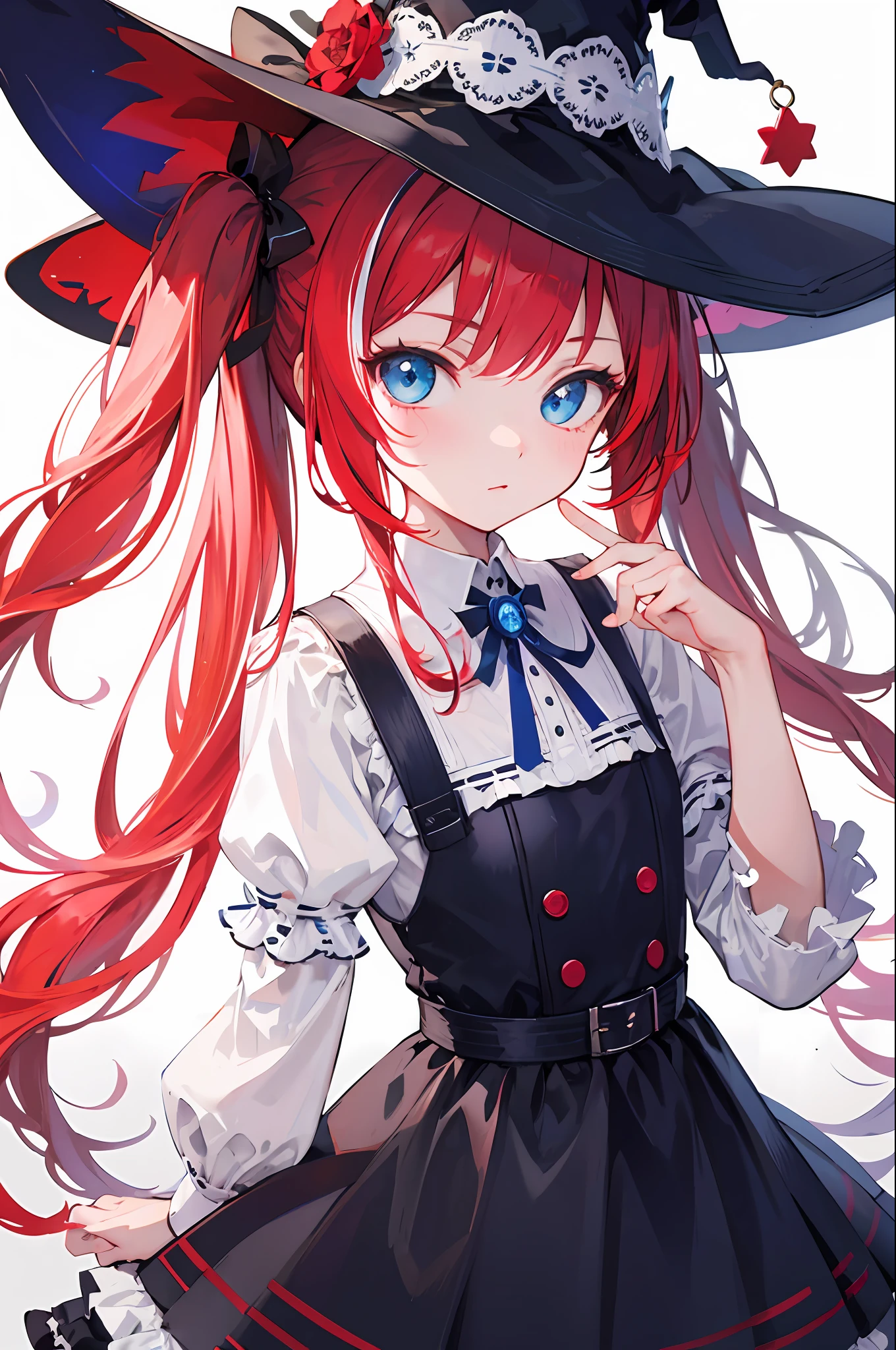 {best quality}}, {{masterpiece}}, {{ultra-detailed}}, {illustration}, {detailed light}, red hair,blue eyes,twintails,lolita,witch,solo,loli,White streaked hair,Fantastic,loli