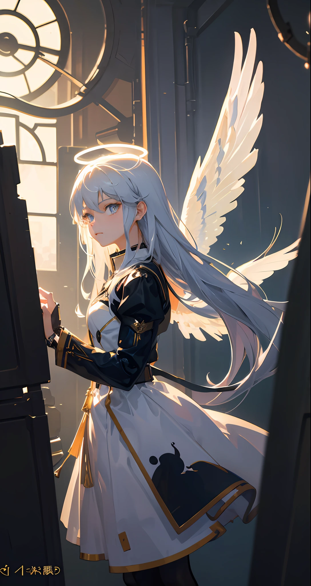 There is a girl with angel wings,The halo,high high quality,tmasterpiece,Delicate facial features,Delicate hair,Delicate eyes,Guviz-style artwork, guweiz masterpiece, Stylized anime, Angelic face, steampunk angel, , mechanical angel,(softlighting:1.2) (beautiful detailed face),(美丽细致的眼睛)