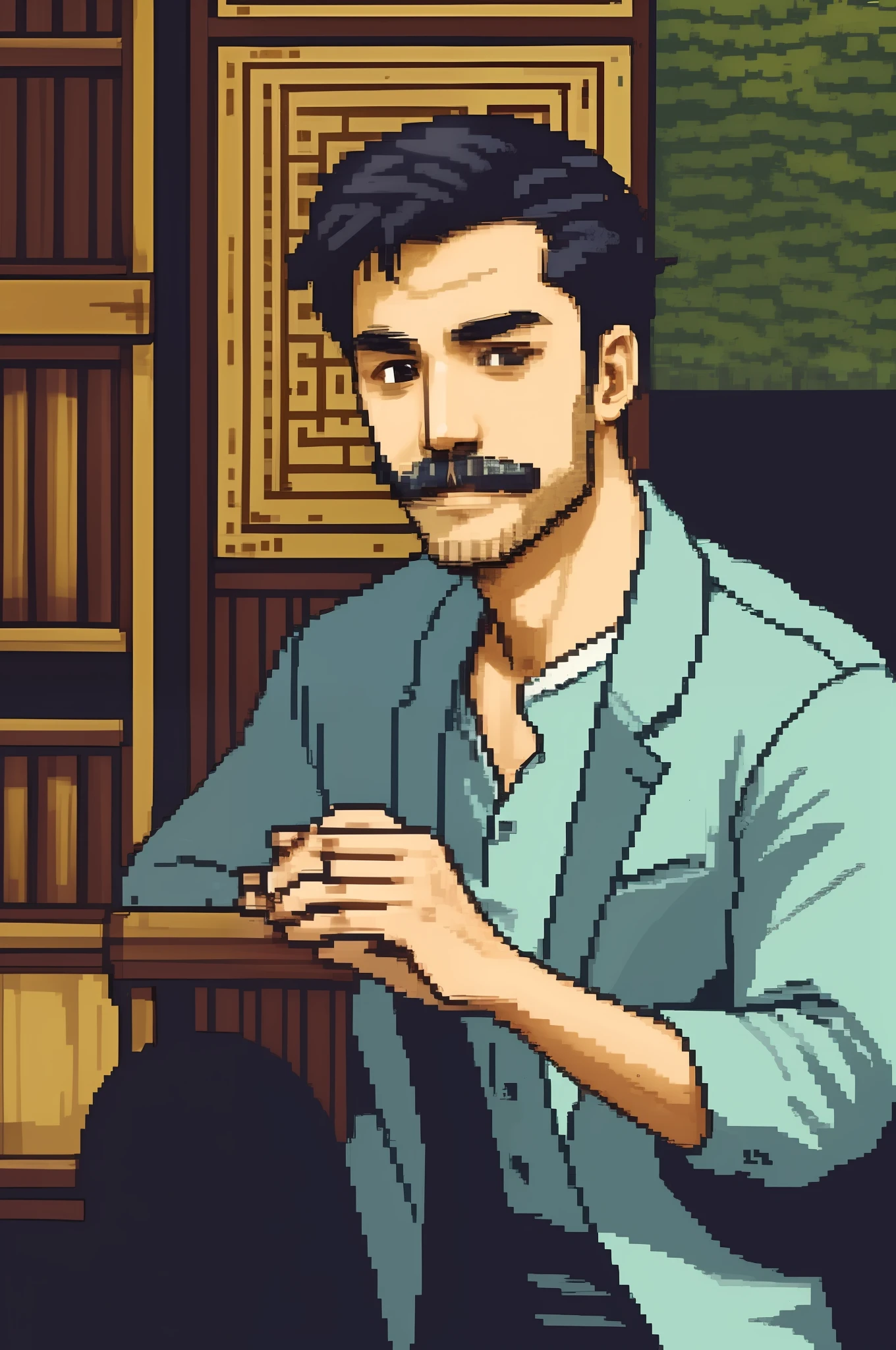 "A 23-year-old Asian man with a mustache, cavanhaque e cabelo curto."