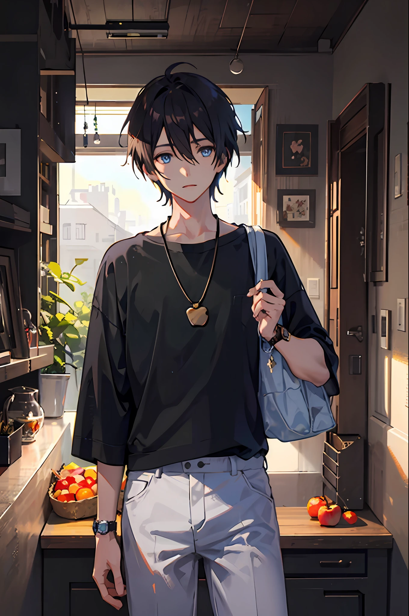 1boy, apple, bag, bangs, berry, black hair, black shirt, blue eyes, hair between eyes, jewelry, leaf, looking at viewer, male focus, necklace, pants, shirt, solo, watch, white pants, wristwatch, messy hair, trending on artstation, 8k resolution, highly detailed, anatomically correct, sharp image, digital painting, concept art, trending on pixiv, style of makoto shinkai,