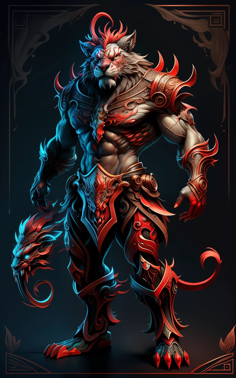 highly detailed fantasy art，1 Red lion anthropomorphism、Full body standing painting，Ultra-burly body，highly details eye，pretty eyes，Detailed beautiful face，The body of the animal、furred、musculature、Intricate openwork pattern armor，Thick wild hair，Fantasy setting，Full body standing painting，dynamicposes，white backgrounid，2D character concept，character art，Character portrait，tmasterpiece，best qualtiy，Best resolution，Strong visual impact，8K