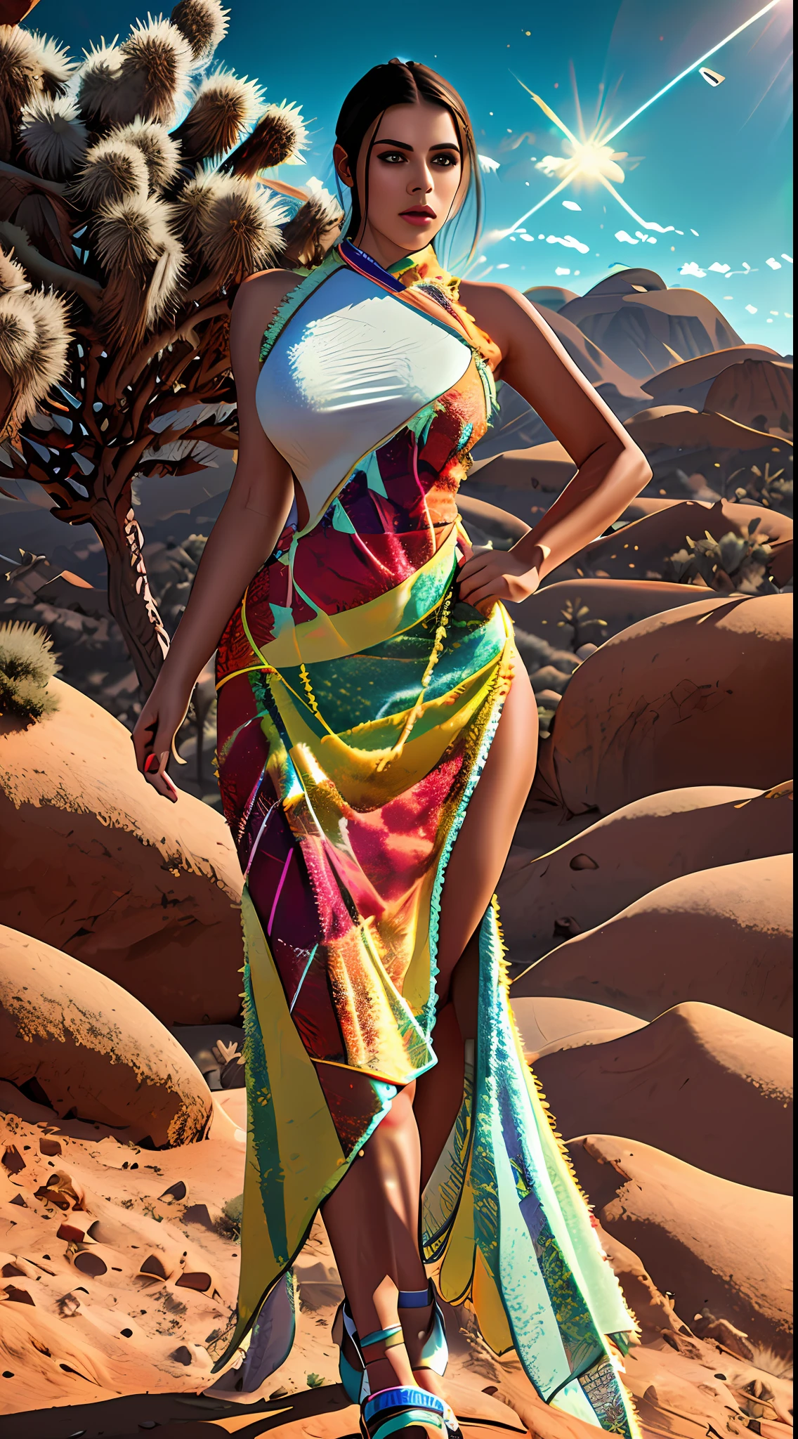 create Mariana Davalos in Full body photography of the most beautiful artwork in the world, a beautiful woman in intricate costume burning in the desert, rainbow colors, ArtStation, CGSociety, complex, high detail, clear focus, dramatic, realistic pictorial art trends Greg Rutkovsky