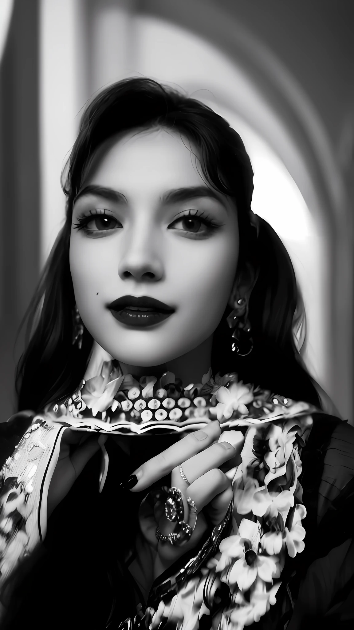 a black and white photo of a woman with a ring on her finger, black and white picture, black and white photo, b&w photo, black & white photo, in black and white, traditional beauty, inspired by reyna rochin, old picture, profile image, profile pic, having fun. vibrant, inspired by Riza Abbasi
