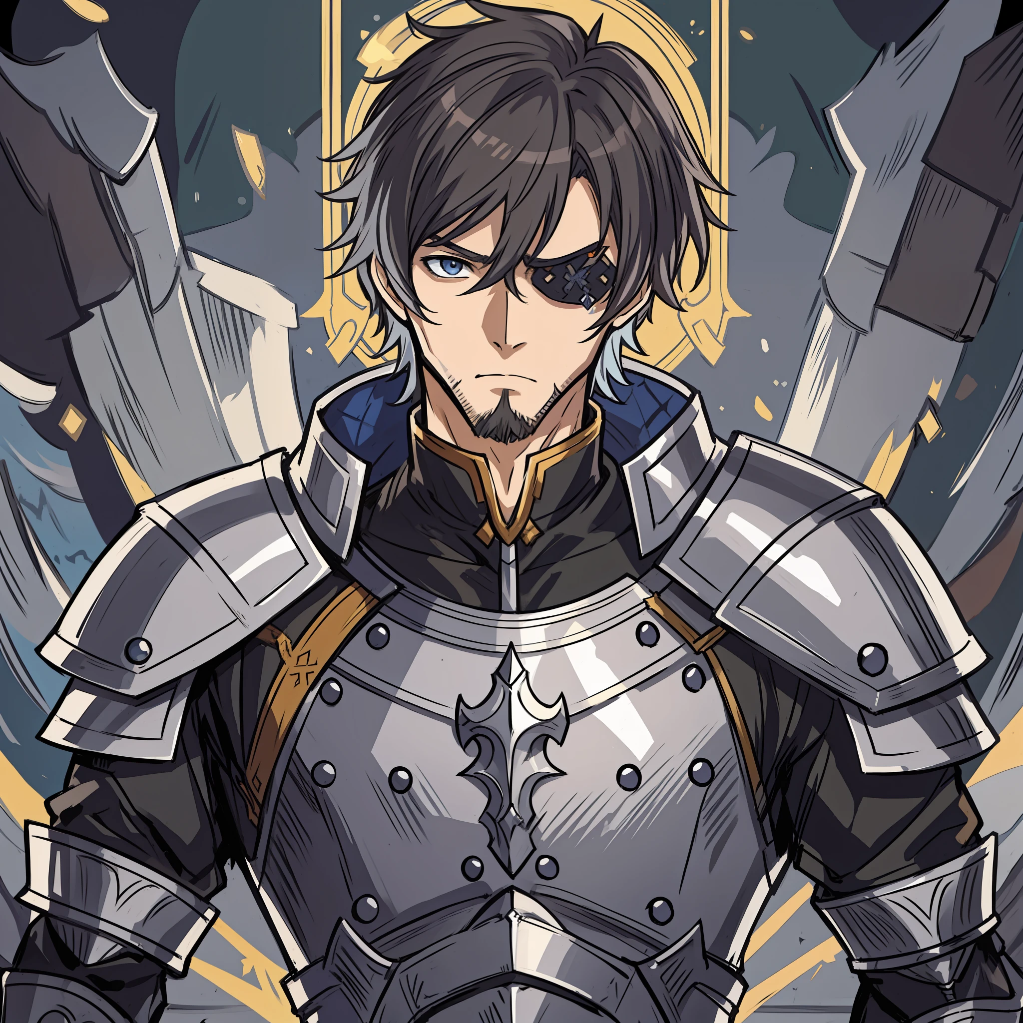a close up of a person in armor with a sword, a human male paladin,Brown hair,an eye patch,Light blue eyes,a beard, Malepalazine, handsome guy in demon slayer art, portrait of female paladin, Granblue Fantasy, portrait of dragoon, detailed anime character art, inspired by Li Chevalier, Arsene Lupin(paladin), shigenori soejima illustration