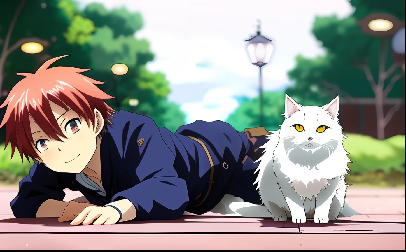 Anime boy lying on the ground，Carrying a cat on his back, natsume yuujinchou, author：Uesaka Seka, anime visual of a cute cat, anime cat, Soft anime illustration, inspired by Kamisaka Sekka, makoto shinkai and (cain kuga), realistic anime cat, author：New Art, ginko showing a new mushi