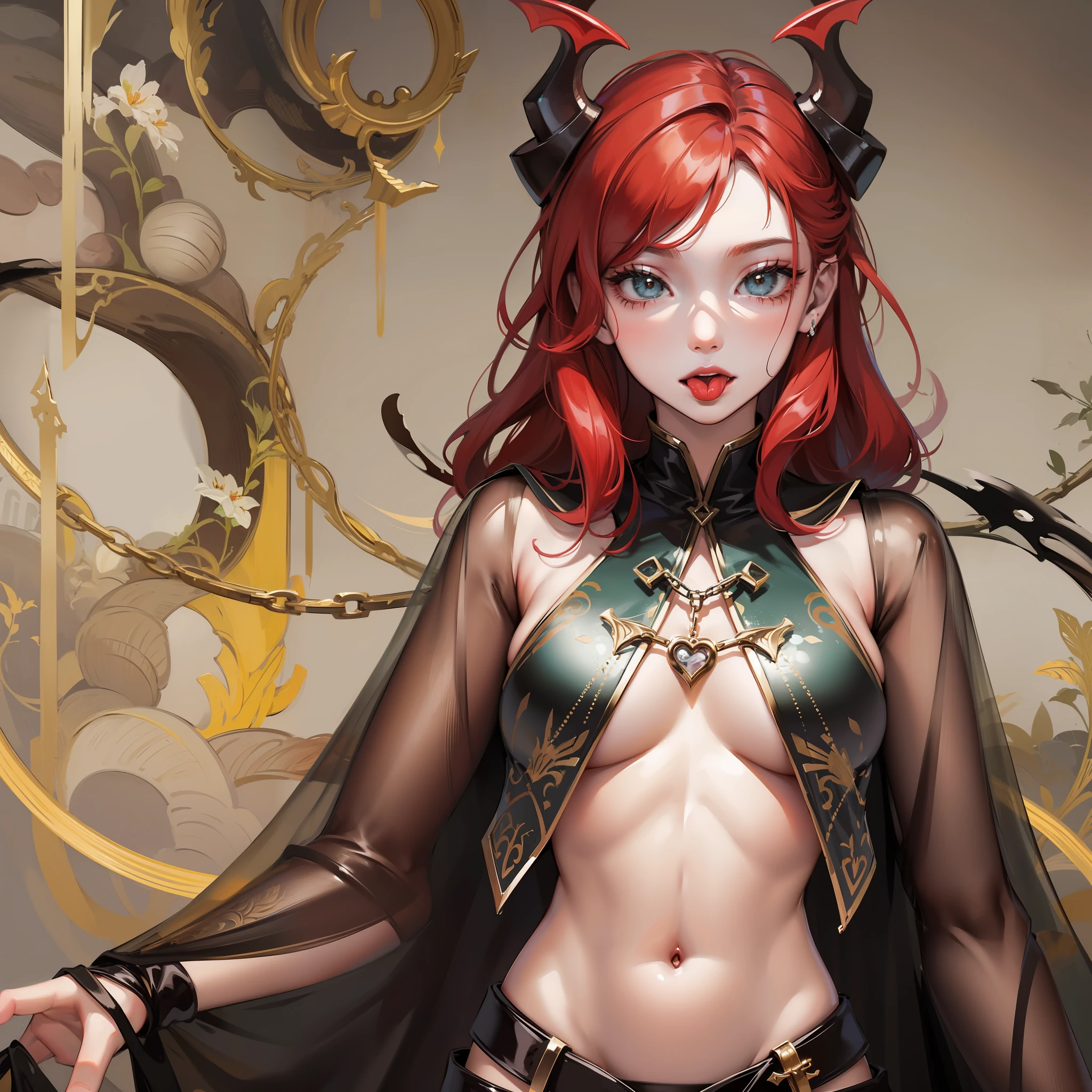 red hair, olhos verdes, seios grandes, Vampiro, colar de cruz, mini saia, talons, roupas de couro, tongue stickout