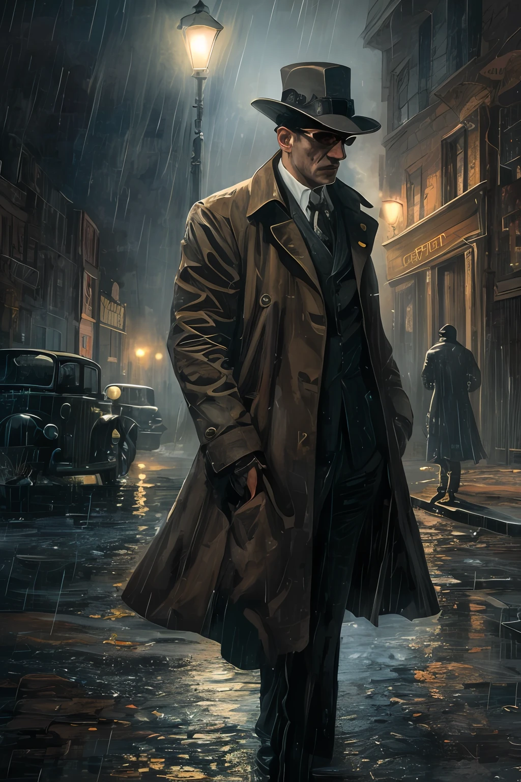 Gustavdor painting style，Detective wears（wind coat：1.1）And realistic illustration of hat，At night in the city of Victorian London，epic lighting，cinmatic lighting，A high resolution，（detailled image：1），insanely details，（highly  detailed：1.2），Mafia in the 1920s, windbreaker and top hat, realistic oil painting style, printmaking style, heavy fog and rainstorm, dilapidated town, street lights, narrow roads, stretching forward, suffocating, horror style, suspense style, detective novel style, Mafia style, mysterious, deep, dark, fantasy