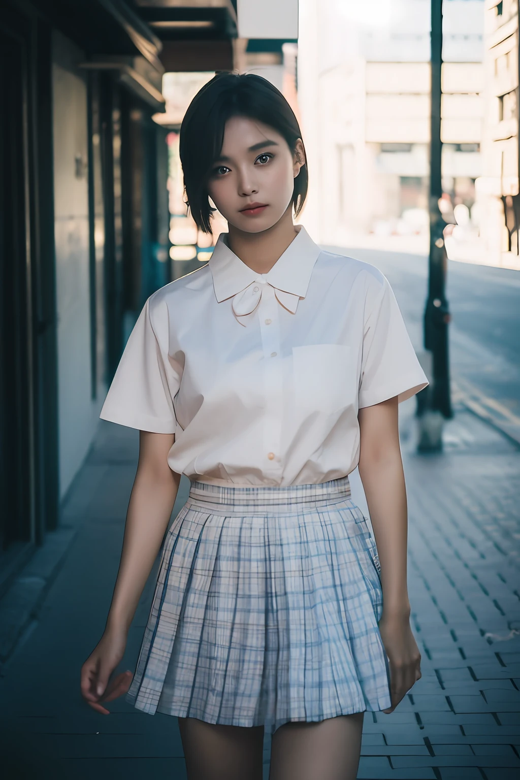Photo of a Beautiful Korean kpop idol Woman, Summer, Lustful, 80mm, jk uniform, film grain, chromatic aberration, jpeg artifacts, 85mm, cinematic lighting, motion blur