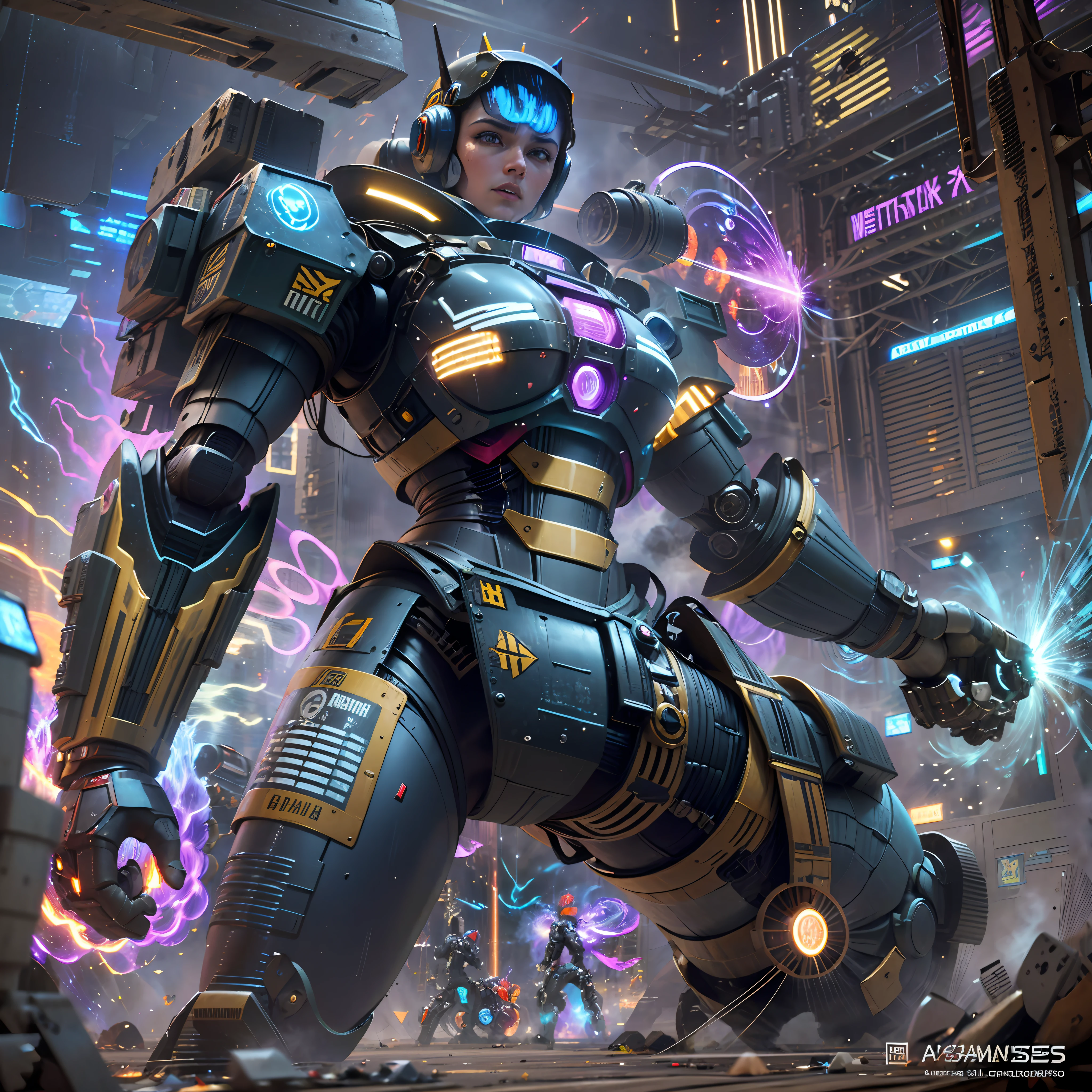 An epic scene of a futuristic battlefield dominated by a powerful sci-fi mecha robot, campo de batalha futurista, science fiction mecha robot, tamanho imponente, formidable power, forza, Metallic armor, Explosions, feixes de energia, advanced weapons, precision, letalidade, plasma cannons, missile launchers, Pulsating energy blade, Agilidade, propulsores, wreckage, cockpit de vidro, piloto habilidoso, Advanced Cockpit, holographic screens, Control Panels, Strategic decisions, Raios de energia, determination, victory, Combat scenario, impactful presence, Medo, hoop, qualidade: highes definition, estilo: cinemactic, futurista, cor: metalic, Azul intenso, artista: Alexander Kucharsky, humor: epic, Intenso, vl1: (Campo de batalha futurista, science fiction mecca robot, tamanho imponente, Formidable power, Metallic armor) vl2: ((Plasma cannons, Missile launchers, Pulsating energy blade), (Agilidade, Propulsores, wreckage), (Cockpit de vidro, Piloto habilidoso, holographic screens), (Raios de energia, Olhos azuis intensos, determination), (Medo, hoop))