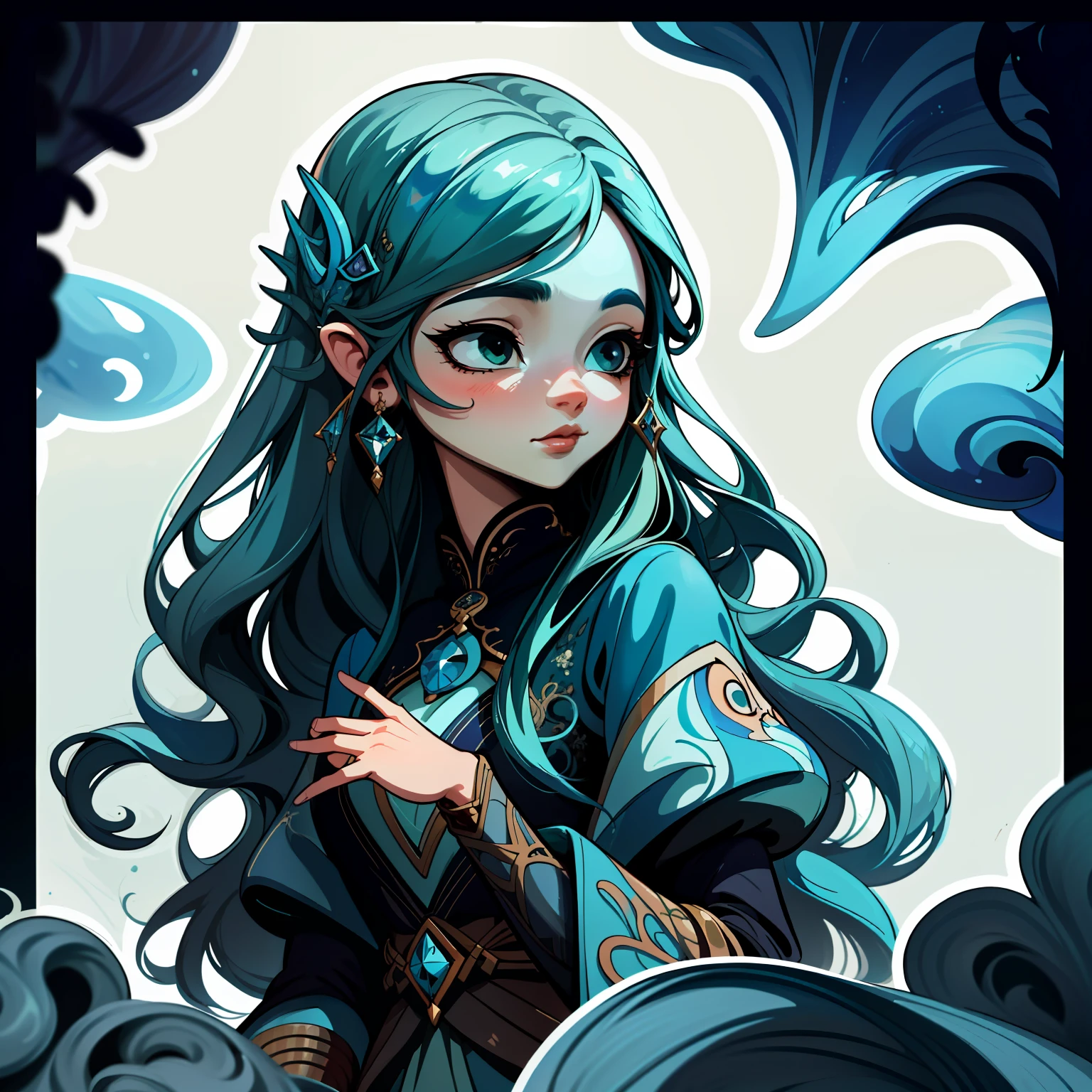 adesivo,1girl, fundo simples, retrato, girl with long hair, beautiful princess, avatar aesthetic, beautiful princess, very beautiful fantasy art, beautiful and elegant female princess, beautiful detailed fantasy, blue and green color palate, blue color-theme