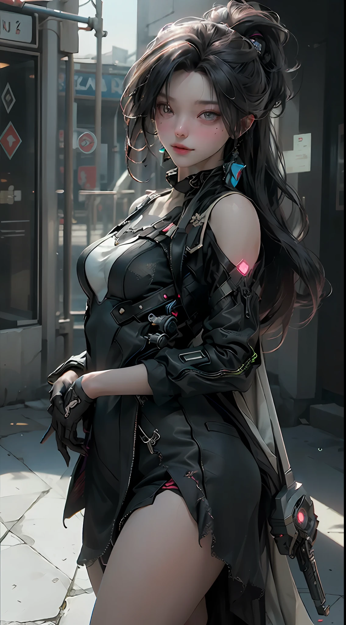((Best Quality)), (Masterpiece)), (Details:1.4), 3D, Beautiful Cyberpunk Woman Image,HDR (High Dynamic Range),Ray Tracing,NVIDIA RTX,Super Resolution,Unreal 5,Subsurface Scattering,PBR Texturing,Post-Processing,Anisotropic Filtering,Depth of Field,Maximum Clarity and Sharpness, Multilayer Textures, Albedo and Specular Maps, Surface Shading, Accurate Simulation of Light-Material Interactions, Perfect Proportions, Octane Rendering, Two-Tone Lighting, Wide Aperture, Low ISO, White Balance, Rule of Thirds, 8K RAW, Precise iris depiction, looking at the viewer with a calm and goddess-like happiness, Super beautiful background drawn by WLOP