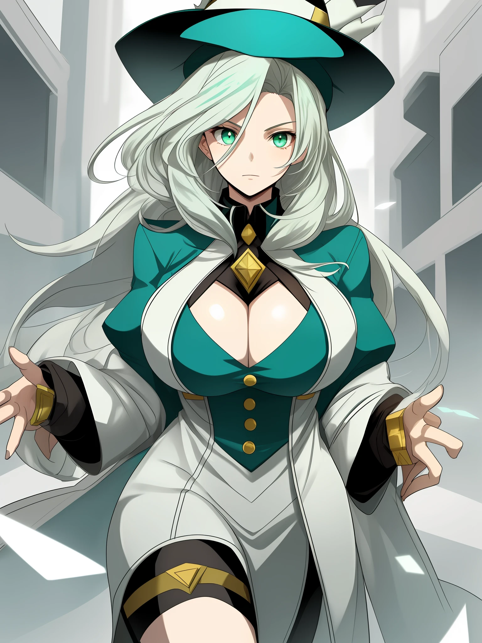 Female magician,Green cap,white color hair,socking,The chest is huge
