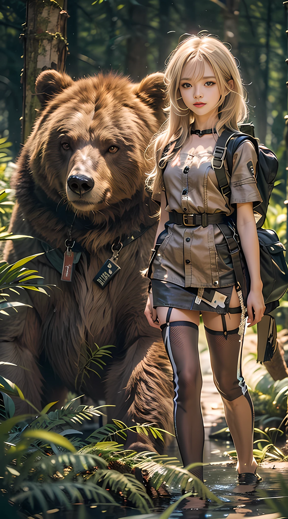 Illustration with the theme of bears and girls, （A girl with delicate and beautiful facial features, There is a fierce brown bear next to it）, （Adventurer costumes and backpacks）Background with（Dense primeval forest+waterfallr）, （Clear facial features）, Walk through primeval forests, poison fangs, Seductive smile, surrealism, Chiaroscuro, Cinematic lighting, Ray tracing, projected inset, first person perspective, Wide shot, Sony FE GM, hyper HD, Masterpiece, ccurate, Textured skin, High quality, High details, Super detail, Best quality, A high resolution, 8K