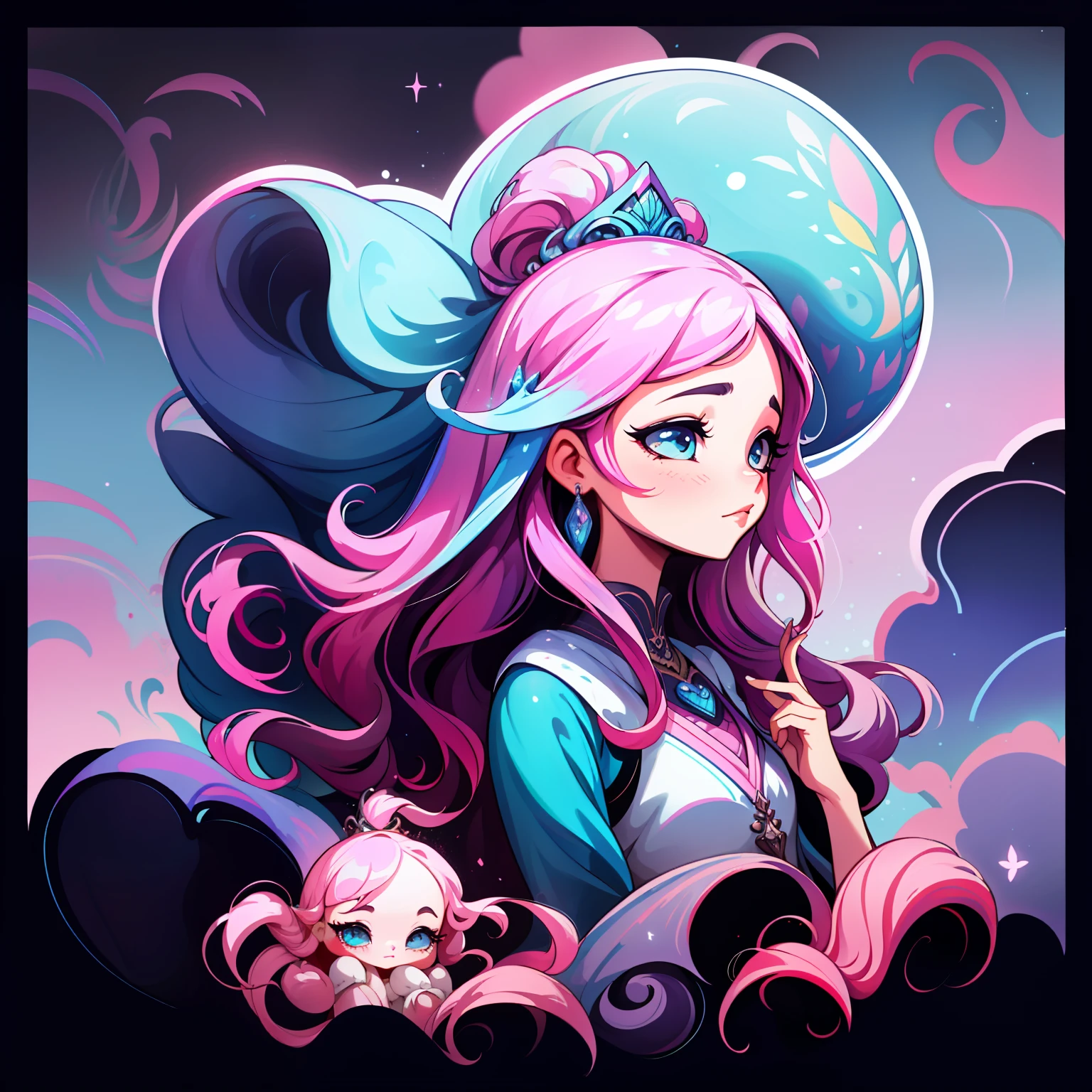 adesivo,1girl, fundo simples, retrato, girl with long hair, beautiful princess, princess aesthetic, beautiful princess, very beautiful fantasy art, beautiful and elegant female princess, beautiful detailed fantasy, blue and pink color palate, pink color-theme