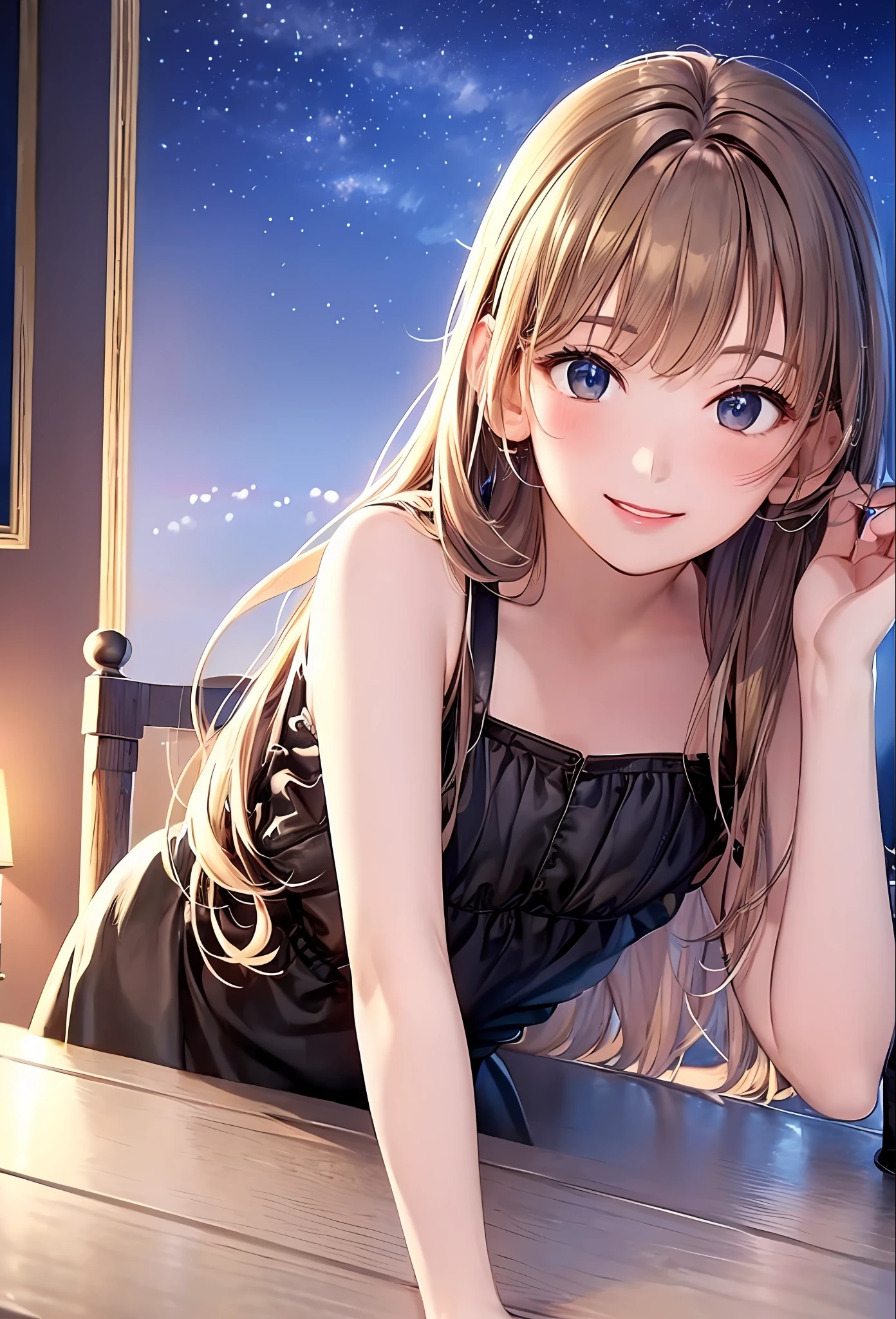 (8k, top quality, masterpiece: 1.2), (realistic, photorealistic: 1.37), super detailed, girl single, cute, solo, midnight, beautiful detailed sky, detailed café, sitting, date, (blush), (smile: 1.15), small breasts (mouth closed), beautiful fine eyes, floating hair NovaFrogStyle, back open dress