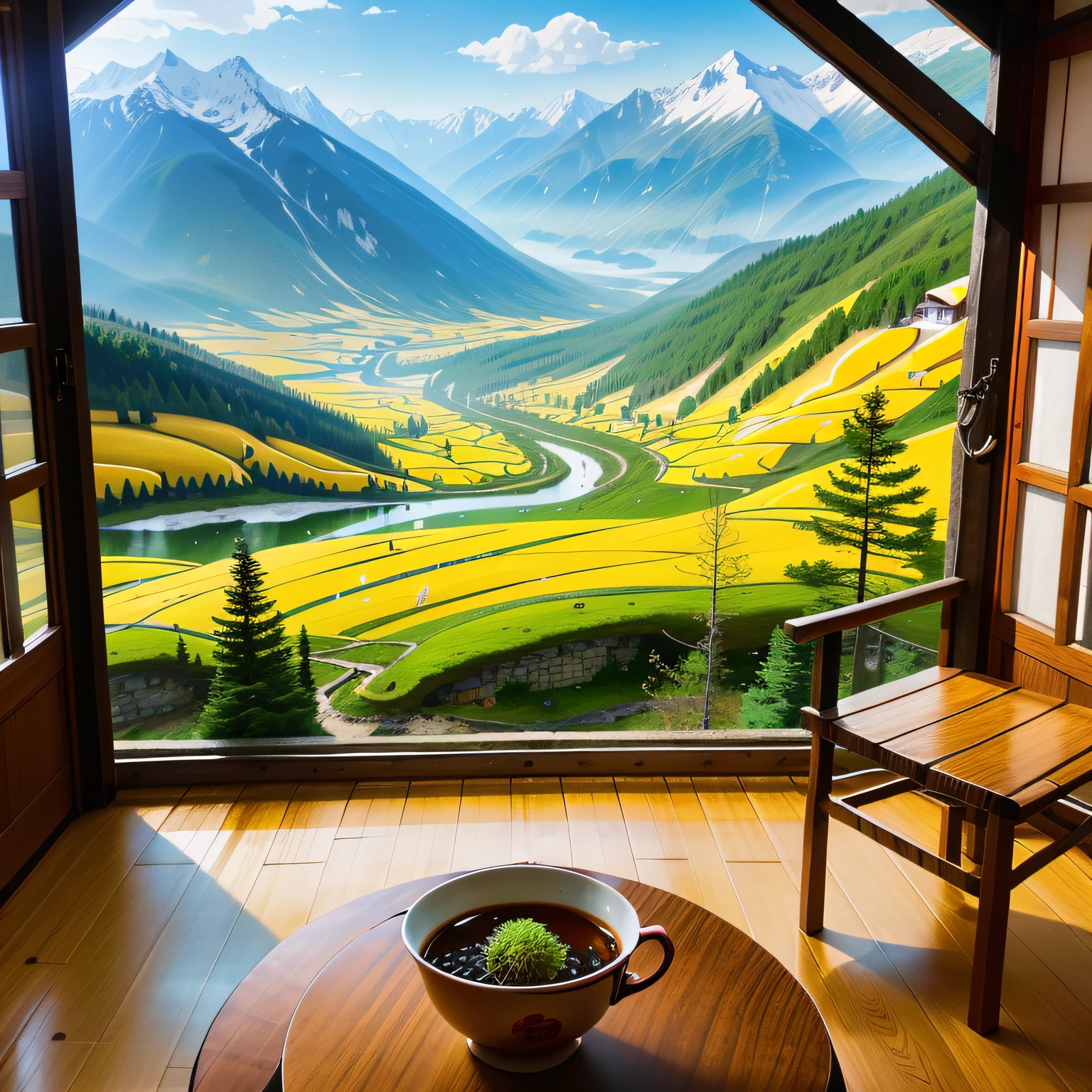 In a mountain hut,It is surrounded by green mountains and waters,No car and horse hustle and bustle,serenity and calm。