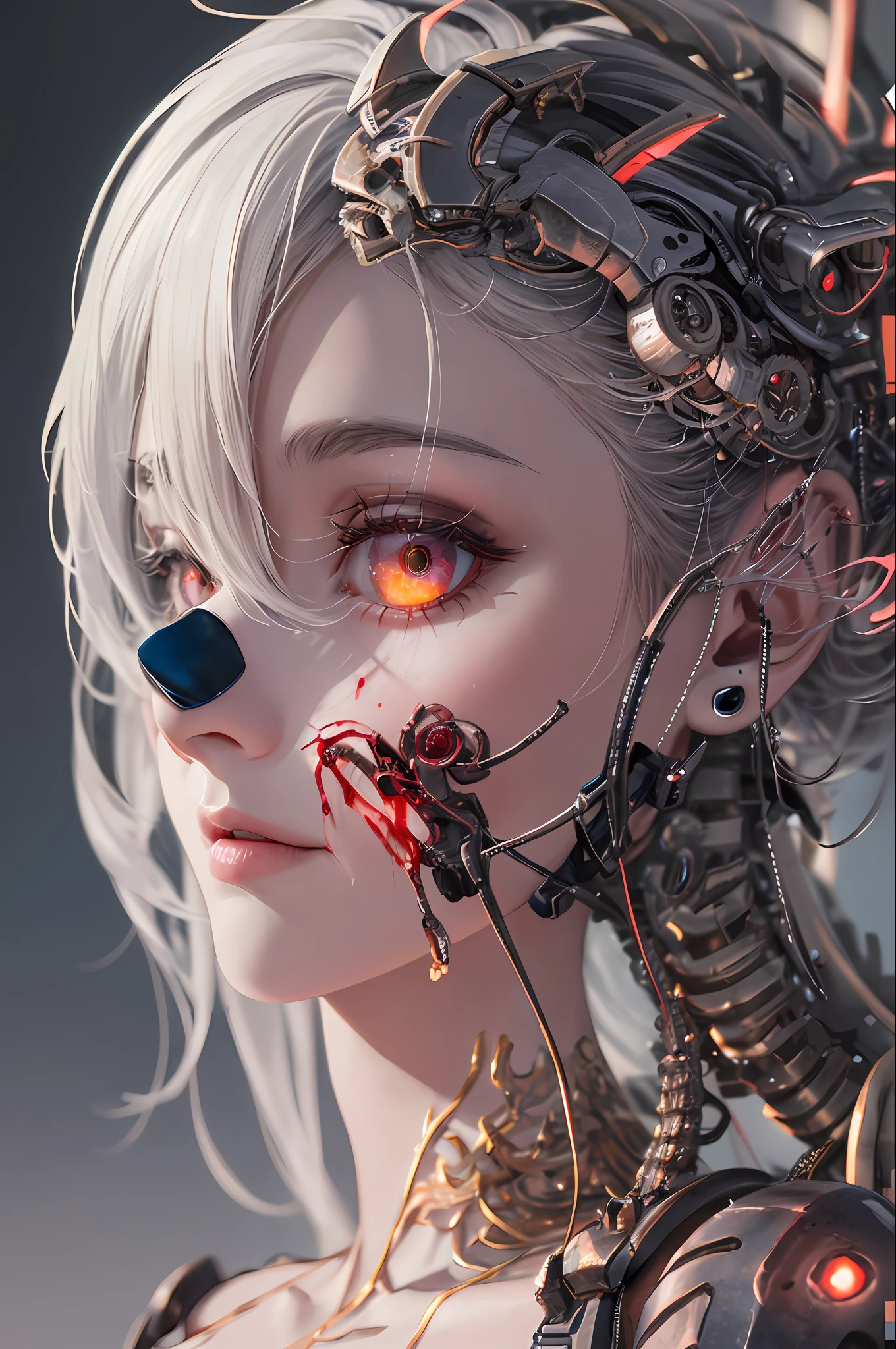 1mechanical girl,((ultra realistic details)), portrait, global illumination, shadows, octane render, 8k, ultra sharp,metal,intricate, ornaments detailed, cold colors, egypician detail, highly intricate details, realistic light, trending on cgsociety, glowing eyes, facing camera, neon details, machanical limbs,blood vessels connected to tubes,mechanical vertebra attaching to back,mechanical cervial attaching to neck,sitting,wires and cables connecting to head