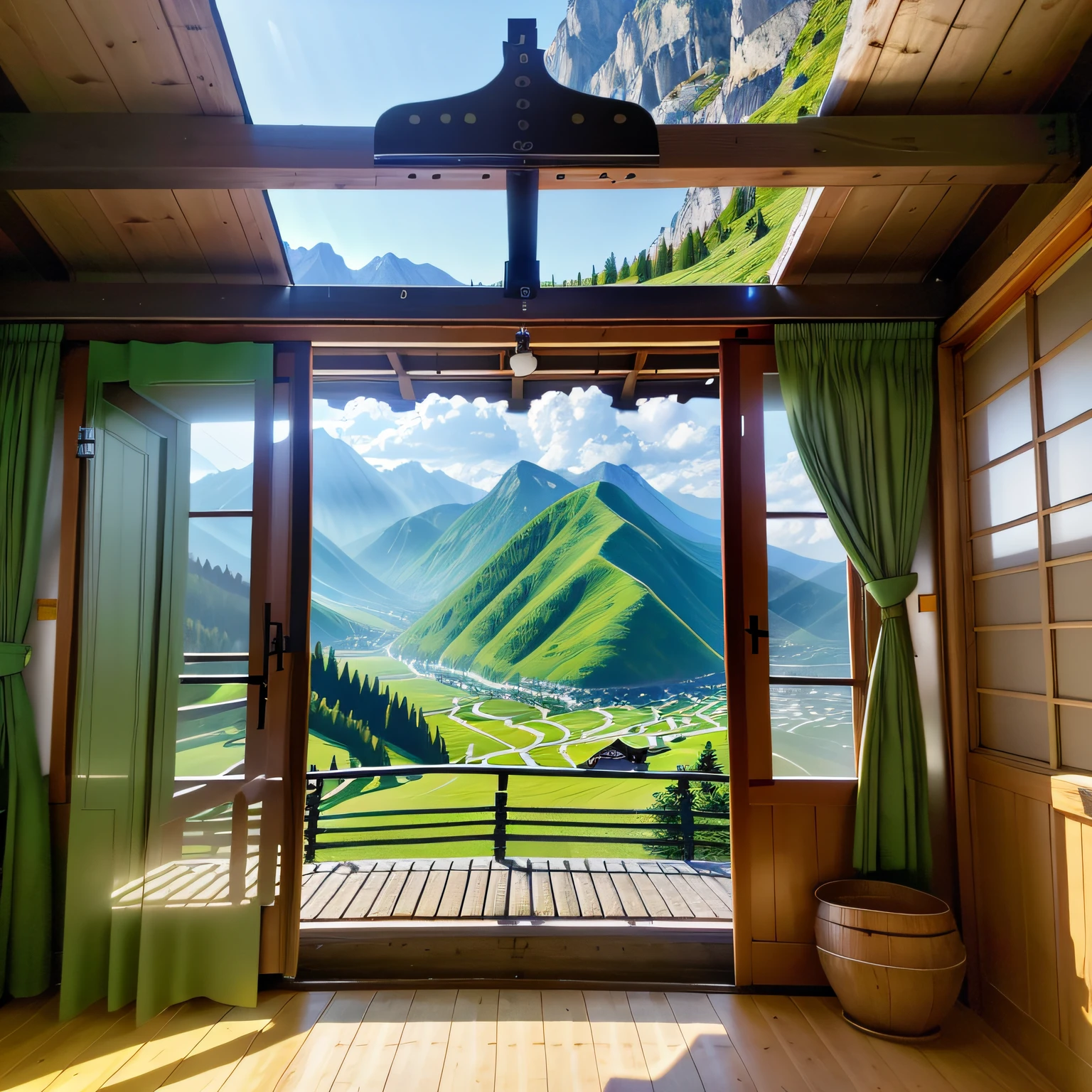 In a mountain hut，It is surrounded by green mountains and waters，No car and horse hustle and bustle，serenity and calm。