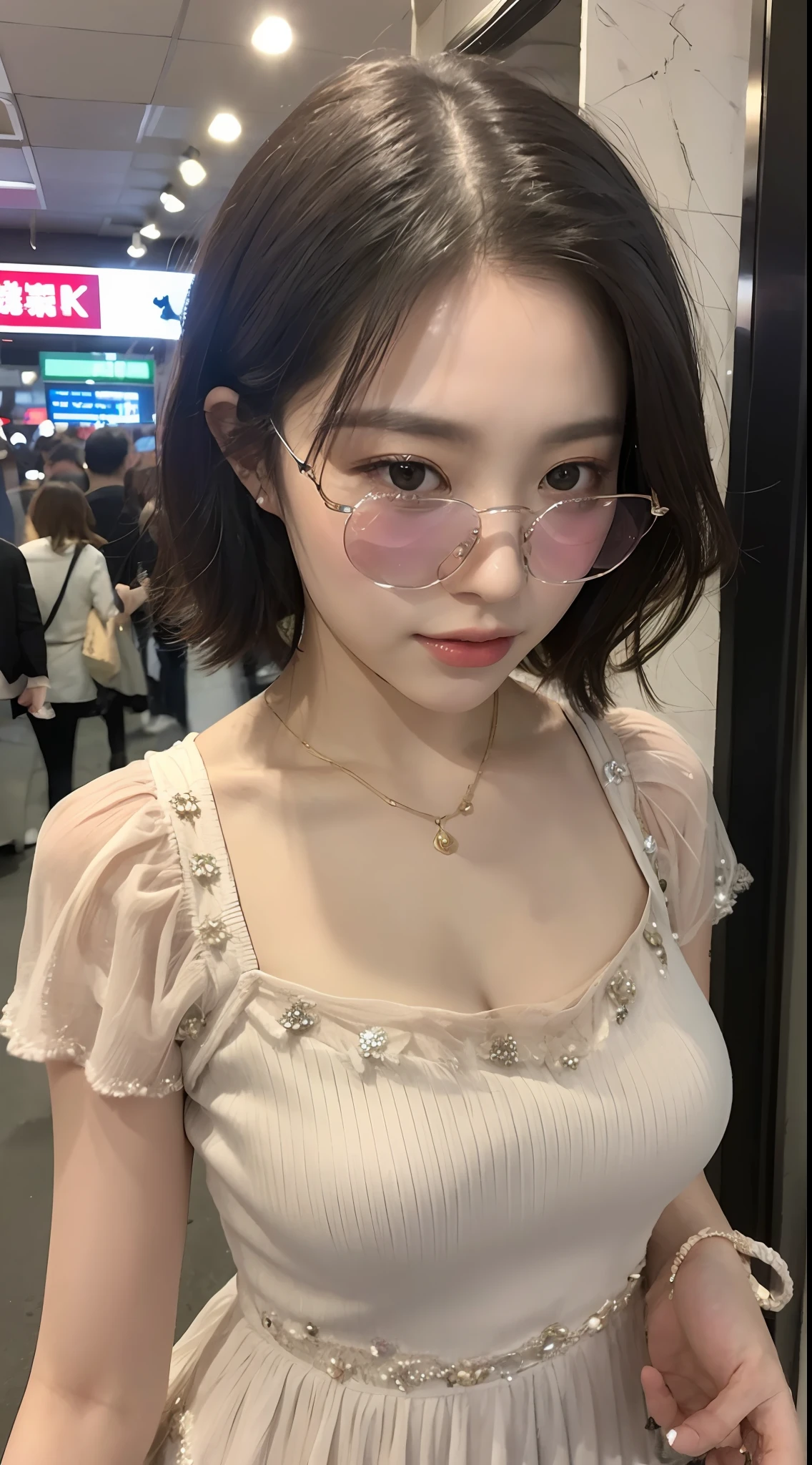 （1 cute Korean star）,((best qualtiy, 8k, tmasterpiece:1.3)), Focus:1.2, perfect figure beautiful woman:1.4 , ((Short hair in layers:1.2)), , (night, Street:1.3), Highly detailed facial and skin texture, A detailed eye, 二重まぶた，Whiten skin,(offcial dress:1.3)，auditorium，self-shot，Wear photochromic glasses