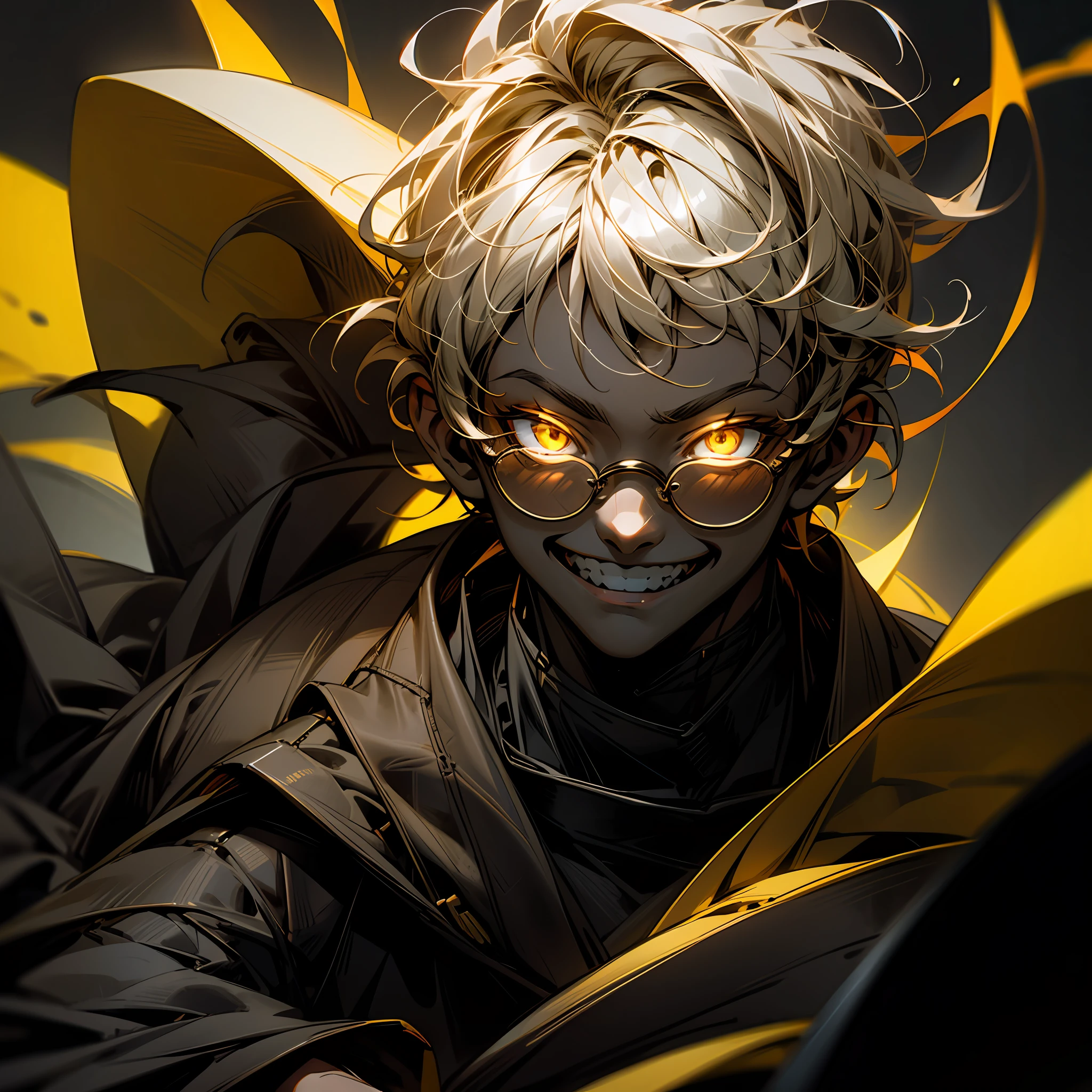 Boy with glasses lenses glowing dark place smiling