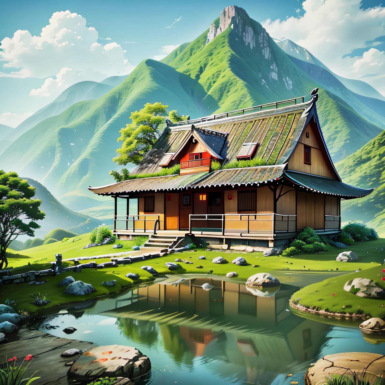 On screen,I depicted a simple cottage,It is surrounded by green mountains and waters,The owners who live in it are cut off from the bustle of the outside world。No carriages and noise in front of the cottage,Only tranquility。