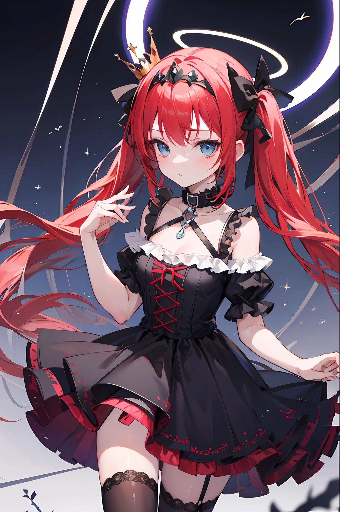 {best quality}}, {{masterpiece}}, {{ultra-detailed}}, {illustration}, {detailed light}, Red hair, Blue eyes, twintails, Goth ta, Darkgoth, Collar,Crown tiara,pride,solo,lolig hair,halo,Vines, expressionless