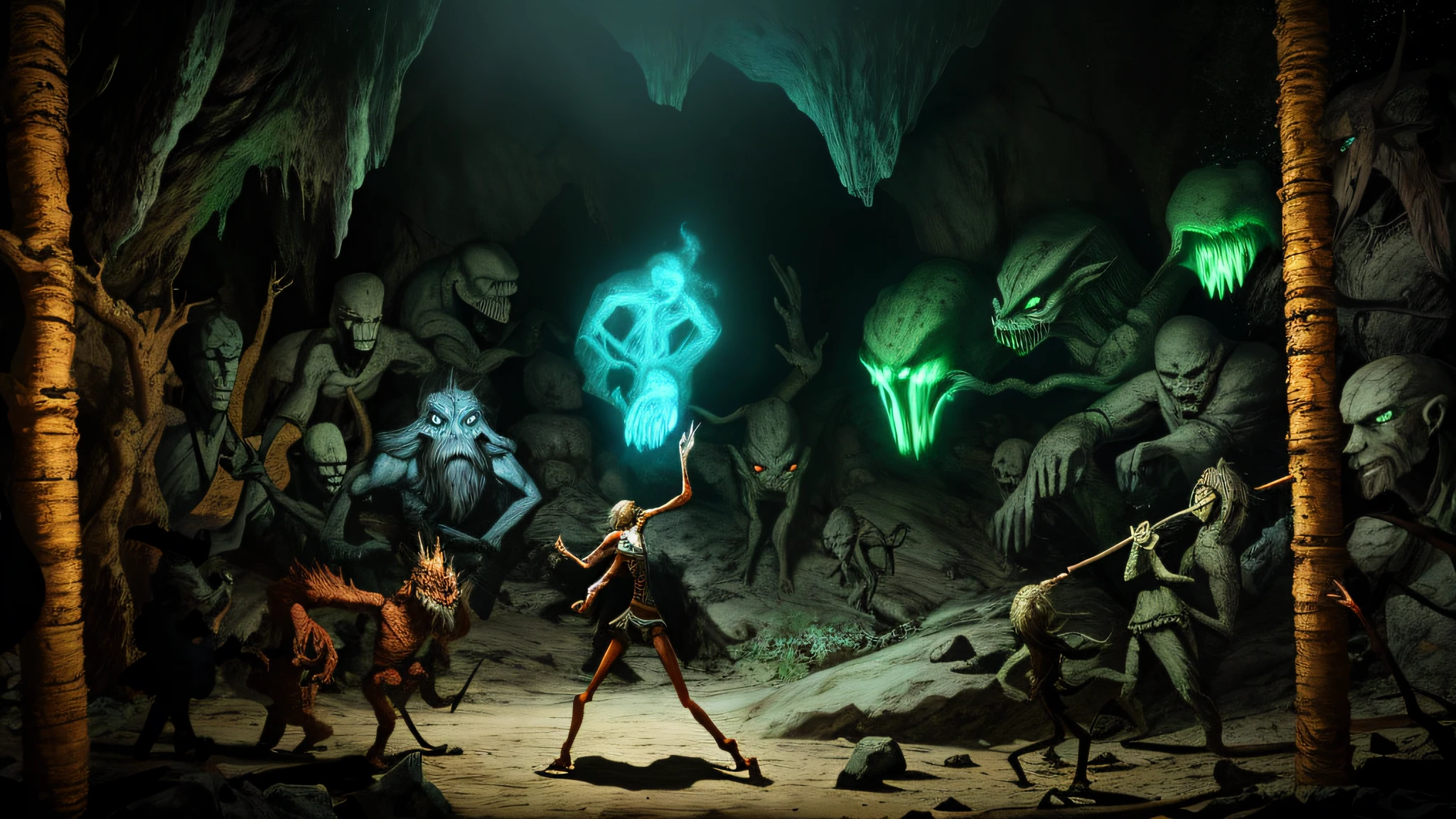 Giants lead many,Attack the monster on the right,Cave Paintings, Stick figures, cave painting, distant glowing figures, Cave art, Cave Paintings, Prehistoric cave art, A cave painting, Cave art style, Prehistoric cave paintings, stickfigure, Glowing people, Cave paintings, Rock painting, ghostly figure, alien glyphs, stone age rave in a cave