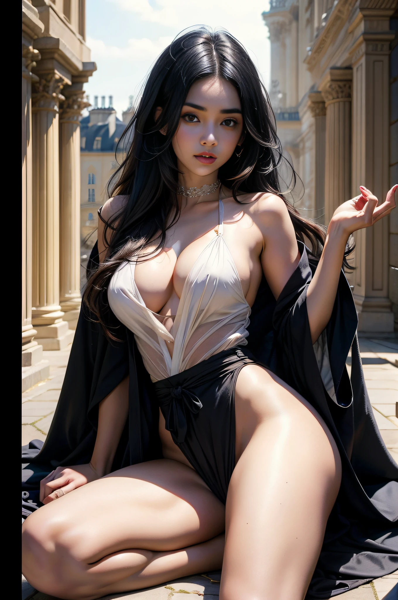 32 year old beautiful woman with attractive long black hair、Double eyelids、The background is the Palace of Versailles in France、Looking here、One white see-through yukata that sticks to bare skin、very large breast、wide open legs、The color and shape of the tip of the chest is visible 、You can see the color and shape of the areola、A lot of pubic hair can be seen through、The entire chest shows through、