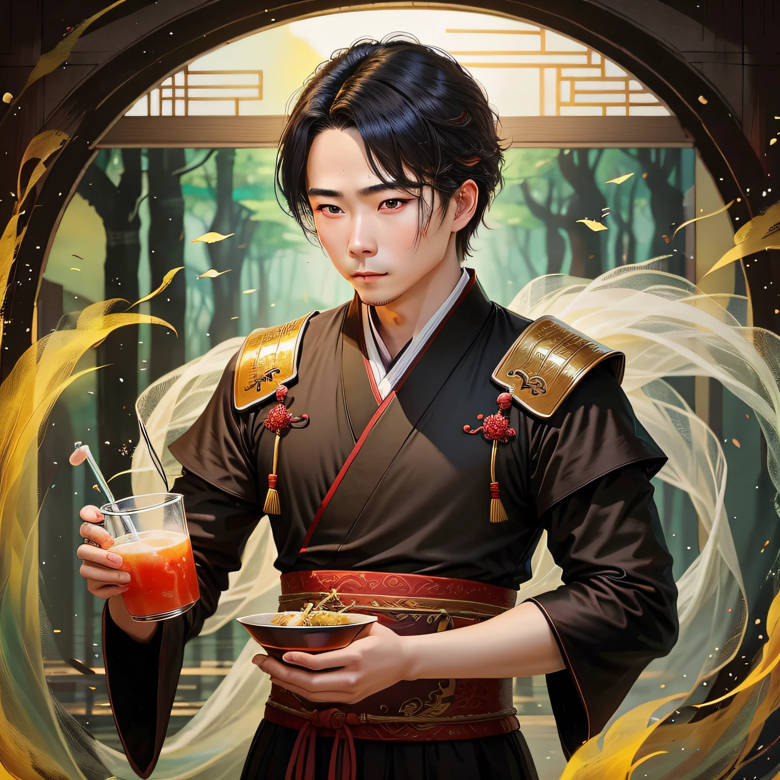 China-style）The man in the picture，1 person，wearing a hanfu，Drink with a knight's cup in hand，Look down into the depths of your soul。He doesn't ask what others say，Only look for the true destination and pursuit in the heart。
