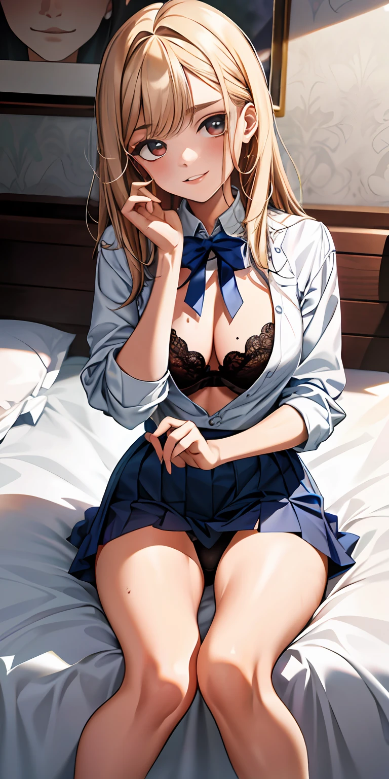 master part, qualidade superior, High definition,  Bonita 1, sozinho, Big, dentro, transparente, Bra out of line, Desleixo, Hand panties grasping, hotel, harsh breath, Sex Expressions, pubic hair, Areola, corar, Panties Down to Knees, pleasant eyes, cardiac pupils, apenas parte superior do corpo, , pernas abertas, Cabelos Longos, Shy, Sister, Dramatic sentences, sorridente, Shy, cabelo loiro platinado;, pubic hair visible, corpo Suado, Wet, high-school uniform, saia plissada curta preta, Roupa interior preta pura, pulseira, Meias soltas, take off pants, tirar a roupa, dobre os joelhos, olhe de baixo, Veja aqui, agachamento, Problem eyebrows, virilha aberta, Suado, Sentimento sexual, , no seu rosto, View from above, Close-up, Meias soltas, Dormir na cama, Dramatic Writing,