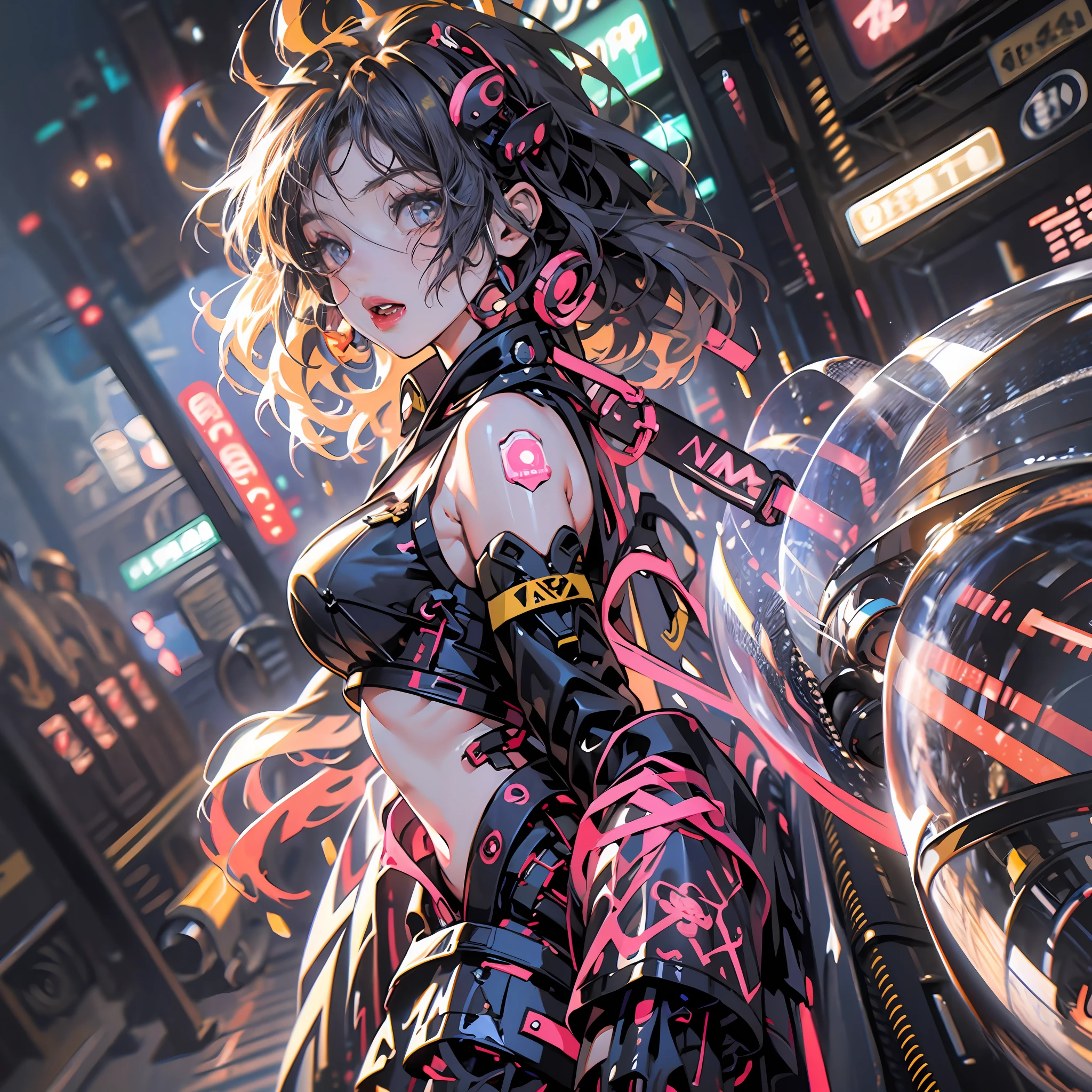 Glowing:1.2, high definition 4k, Neon lights, 1girll:1.2,8K,Cyberworld,Cyberpunk,futurism,RAW photo, Detailed face, ++, F22, Beautiful symmetrical face, Cute natural makeup, Feminine, Highly detailed, Intricate, Sharp focus, centered image composition, professional color graded, +, high definition 4k, 8K, mechs,Mechanical arms,(locomotive:1.3),(Full body photo of girl:1.5),