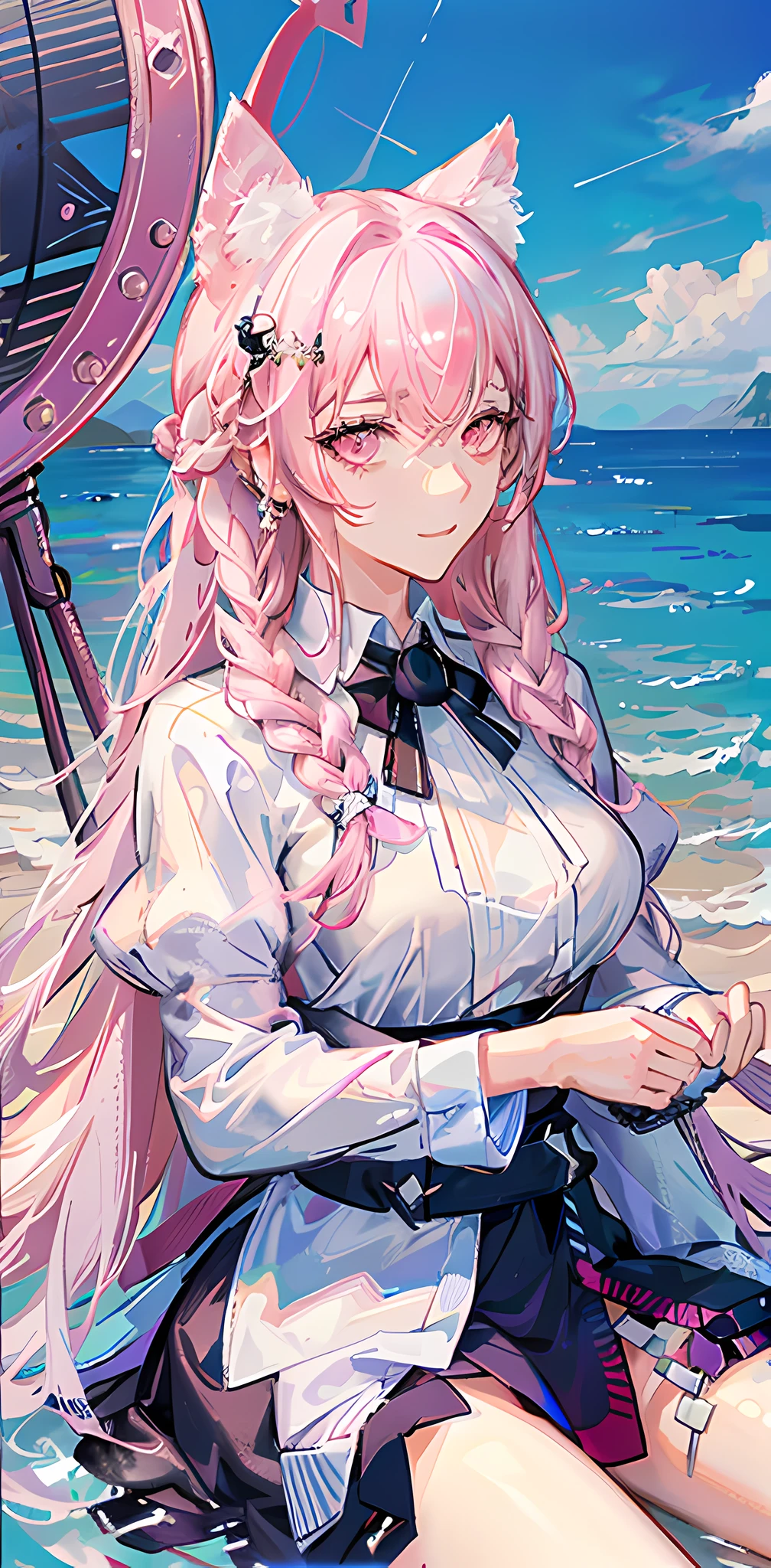 1girl, pink hair, solo, breasts, animal ears, long hair, wolf ears, (white shirt:1.2), pink eyes, hair ornament, wolf girl, very long hair, braid, medium breasts, extra ears, (sitting.1.2), (on the sea:1.2), hair between eyes, animal ear fluff pozmka&typewriter, upper body, godness of water